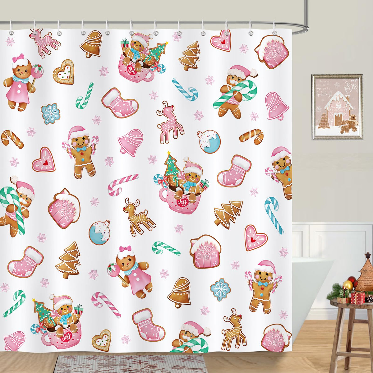 Bonhause Christmas Gingerbread Man Shower Curtain, Cute Pink Xmas Tree Candy Cane Bathroom Curtain 180 x 180 cm Waterproof Mildew and Mould Resistant