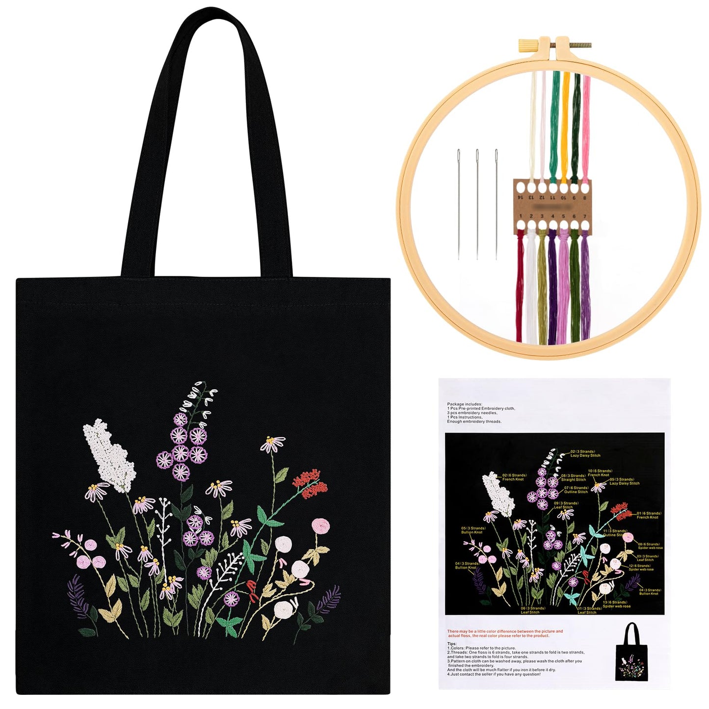 JSRQT Canvas Tote Bag Embroidery Kit with Floral Pattern, Embroidery Starter Kit for Beginners Adults, Handmade Cross Stitch Tote Bag Including Hoop