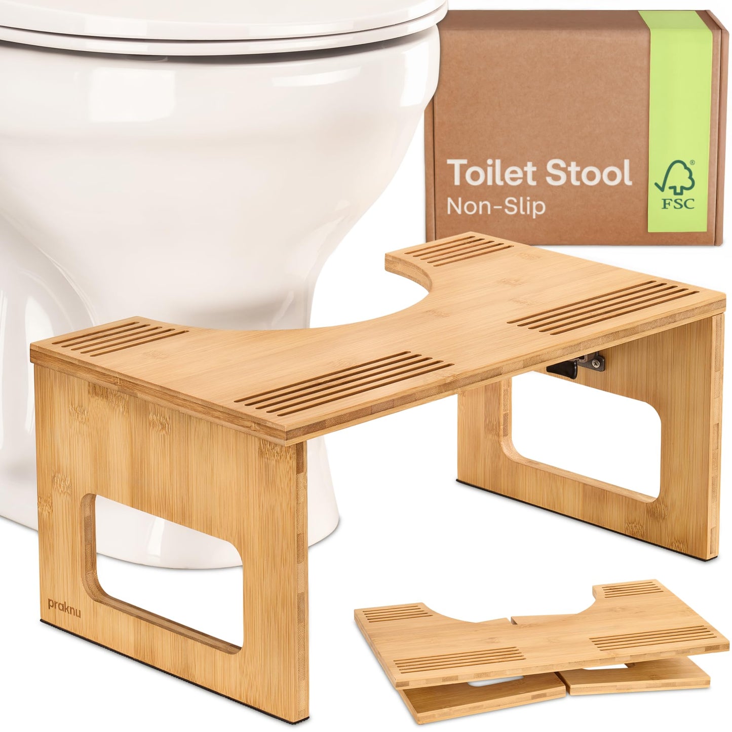 Praknu Foldable FSC? Bamboo Toilet Stool - ???-???? Squat Stool for Adults - Ergonomic Design for Bathroom Use
