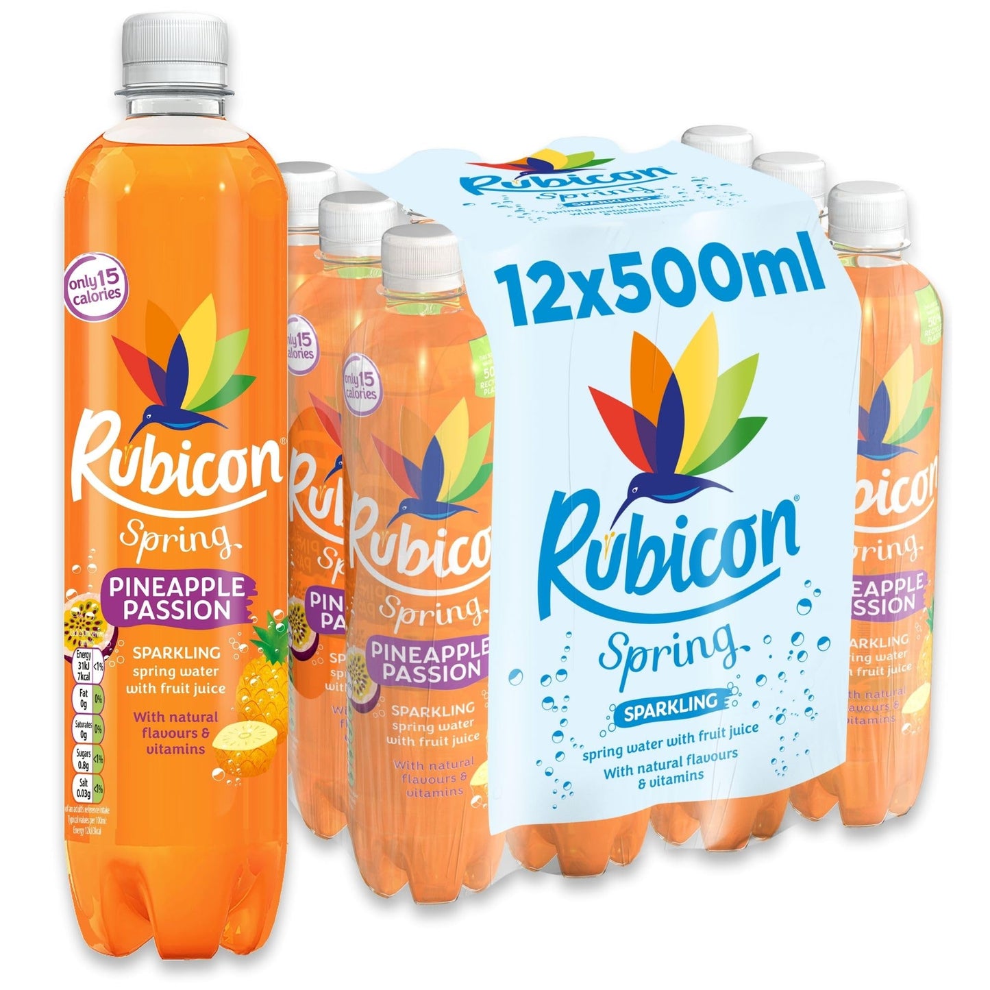 Rubicon Spring 12 Pack Pineapple Passion, Sparkling Spring Water with Real Fruit Juice & Natural Flavours, Only 15 Calories - 12 x 500ml Multipack