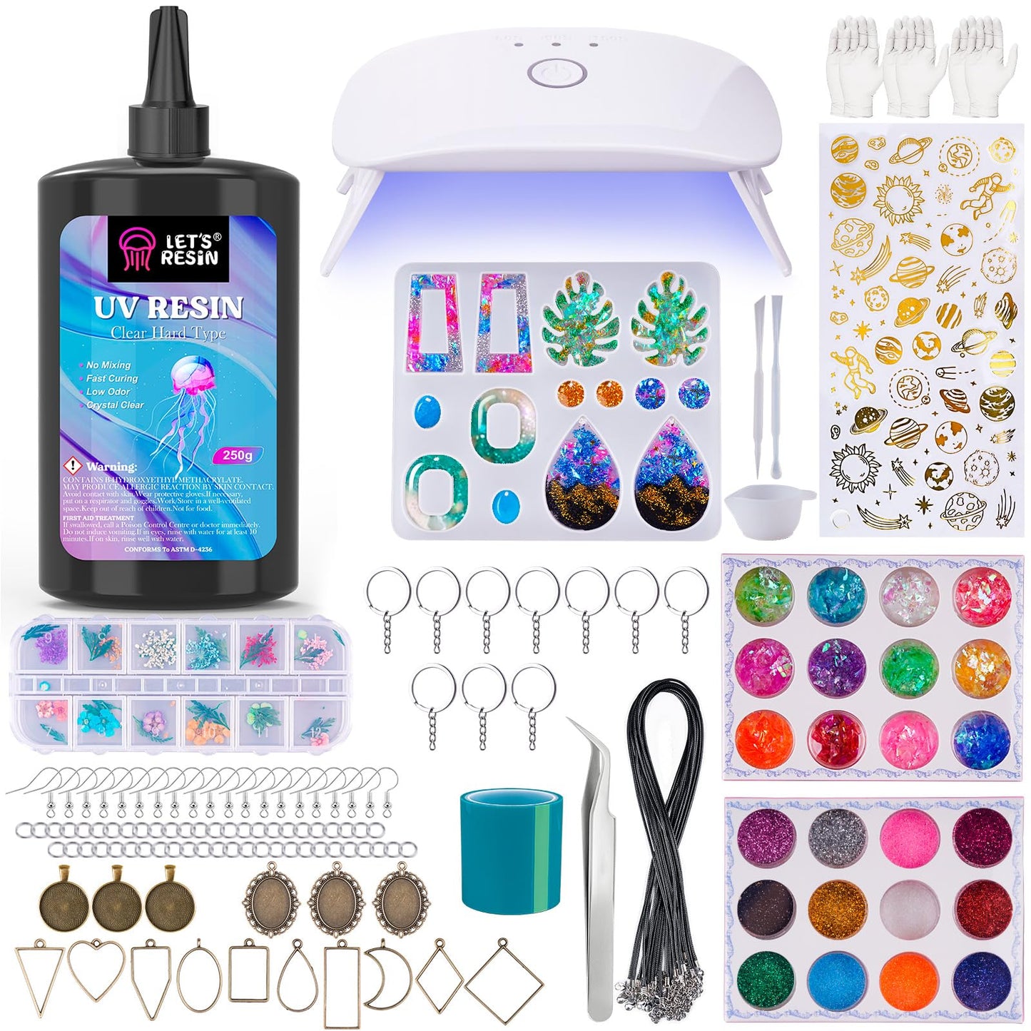 LET'S RESIN UV Resin Kit with Lamp, 153Pcs Resin Jewelry Making Kit with 250g Crystal Clear Low Odor UV Resin, Epoxy Resin Starter Kit for Keychain,