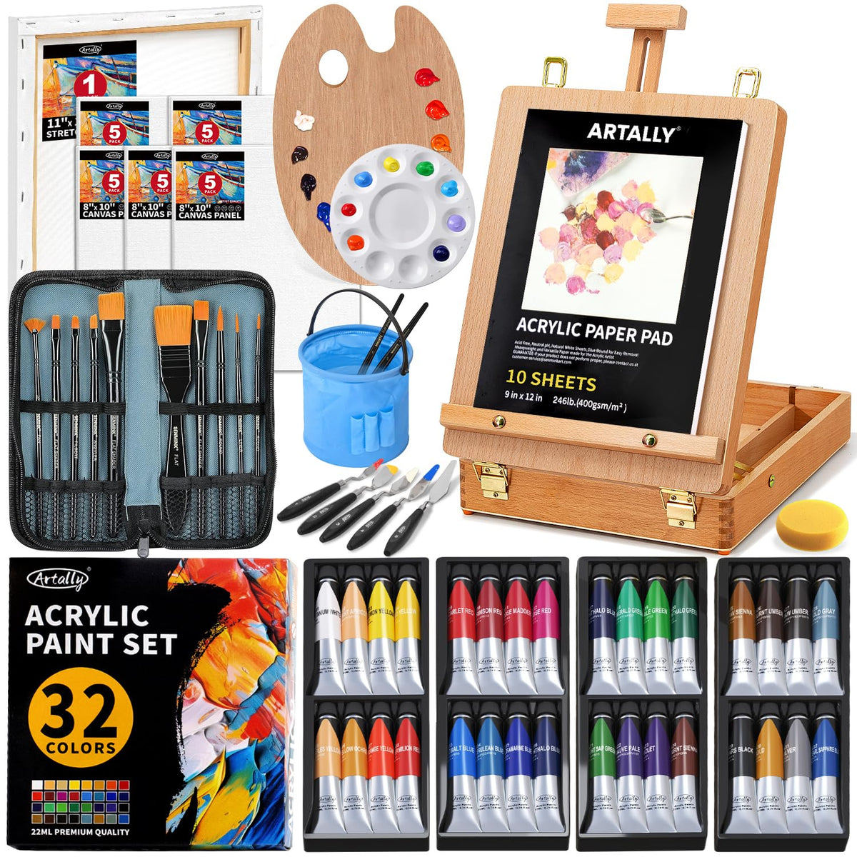 66-Piece Acrylic Painting Kit with Desktop Box Easel,32 Colors Acrylic Paint Set(22ML), Paint Brush Set & Case, Brush Basin, Complete Art Supplies