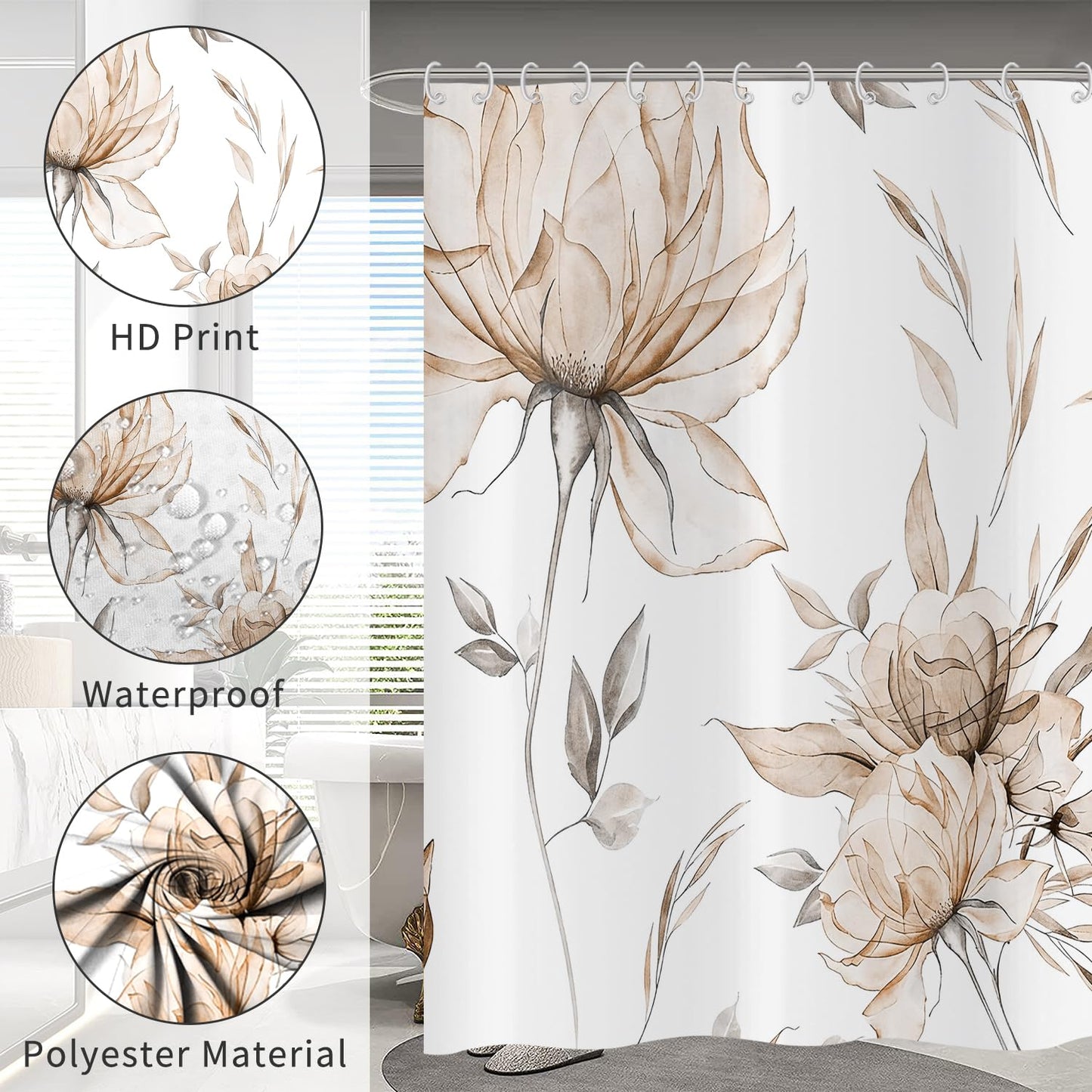 Hnmdmyi Watercolor Floral Shower Curtain 180x200, Brown Boho Flower Leaf Modern Minimalist Aesthetic Art Bathroom Curtains Waterproof Polyester