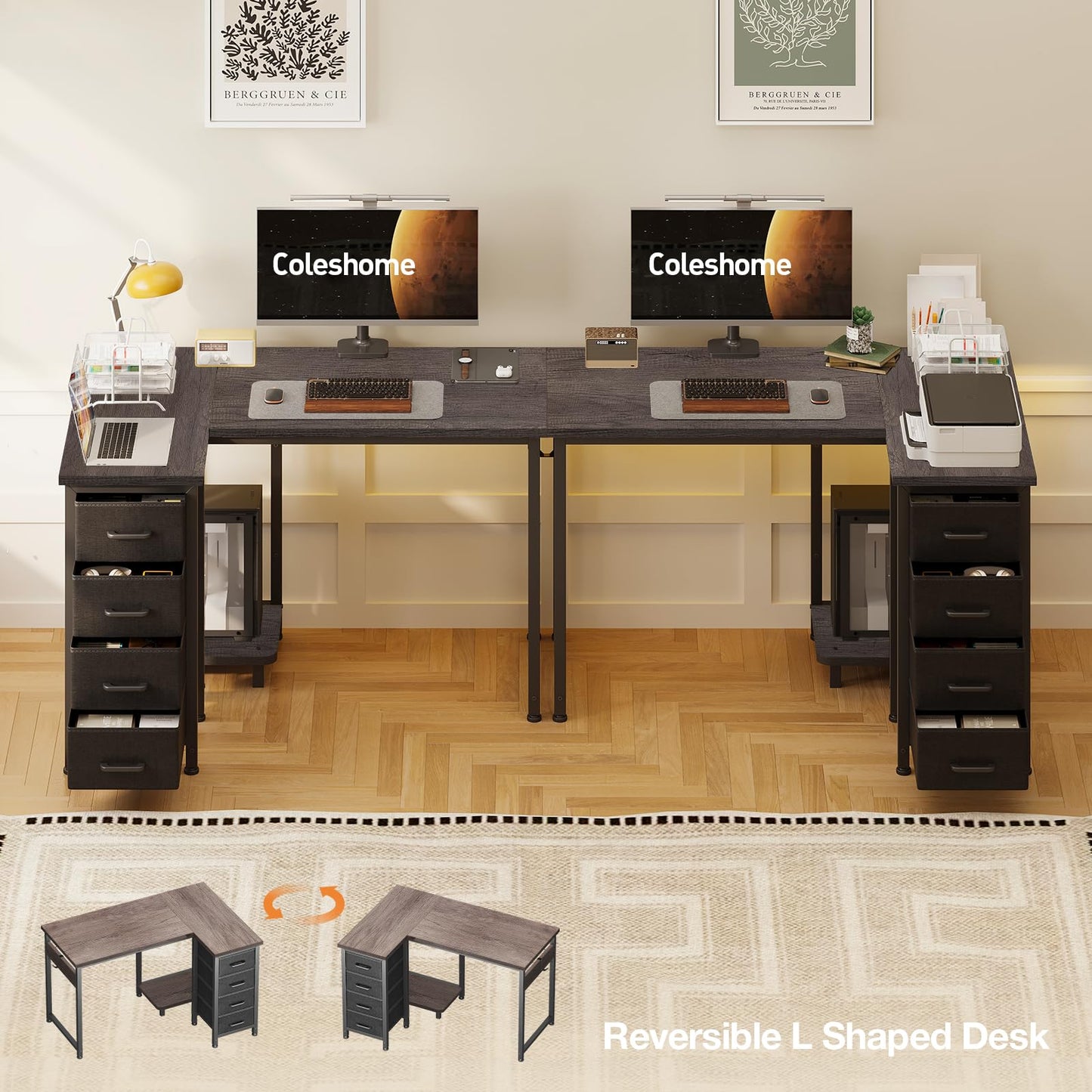 Coleshome Small Corner Desk with Drawers for Home Office, 100x70 cm, Grey