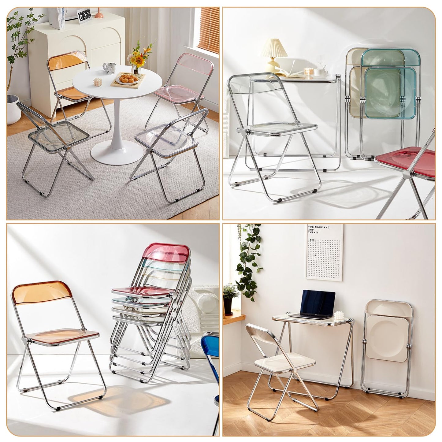 KAIHAOWIN Luxury Modern Acrylic Folding Chair Transparent Chairs-Ghost Stackable Crystal Folding Chair-PC Plastic Living Room Seat-Chrome Frame and