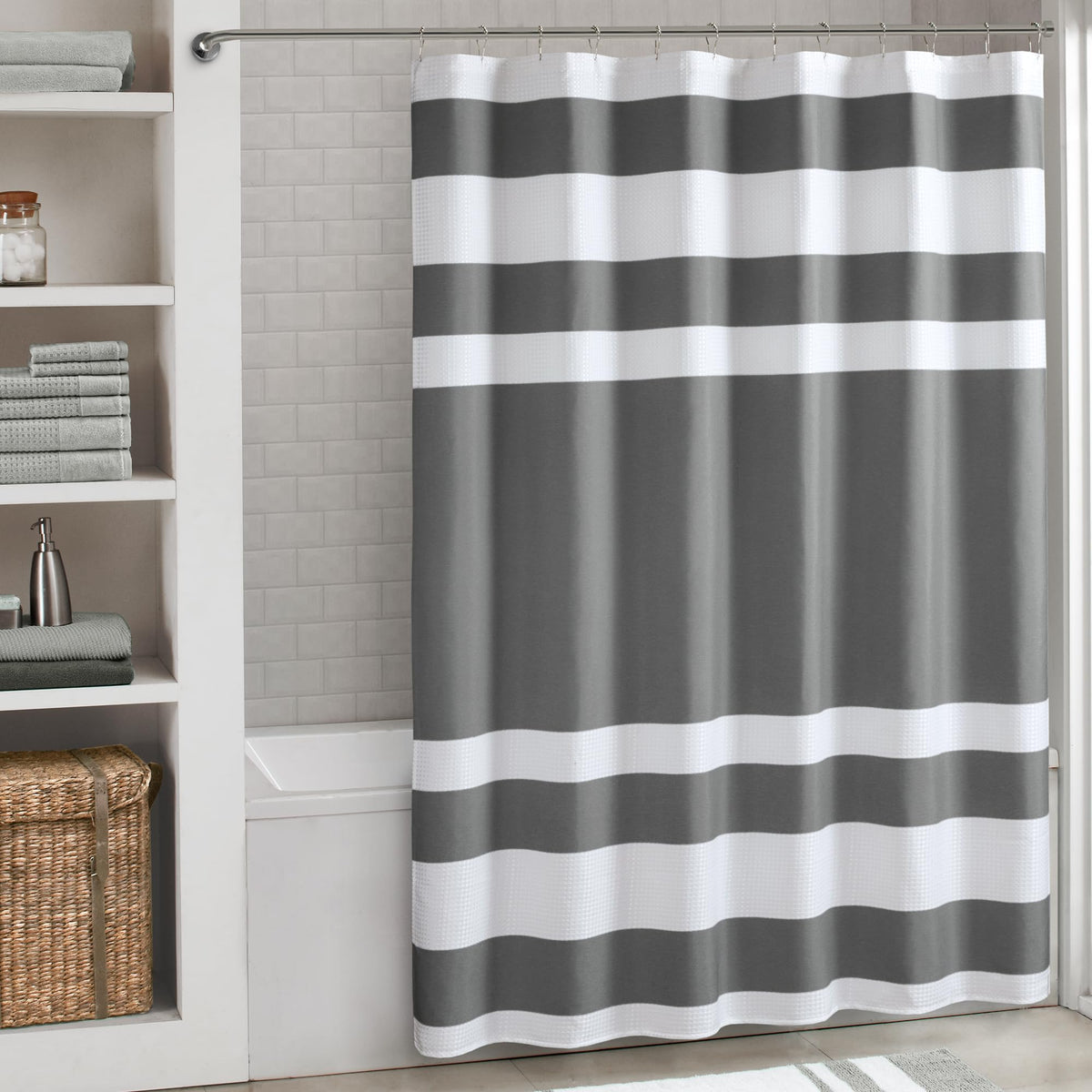 Madison Park Spa Waffle Fabric Shower Curtain Extra Long Spa Quality Bathroom Shower Curtain 72 x 84 Inch Height Charcoal