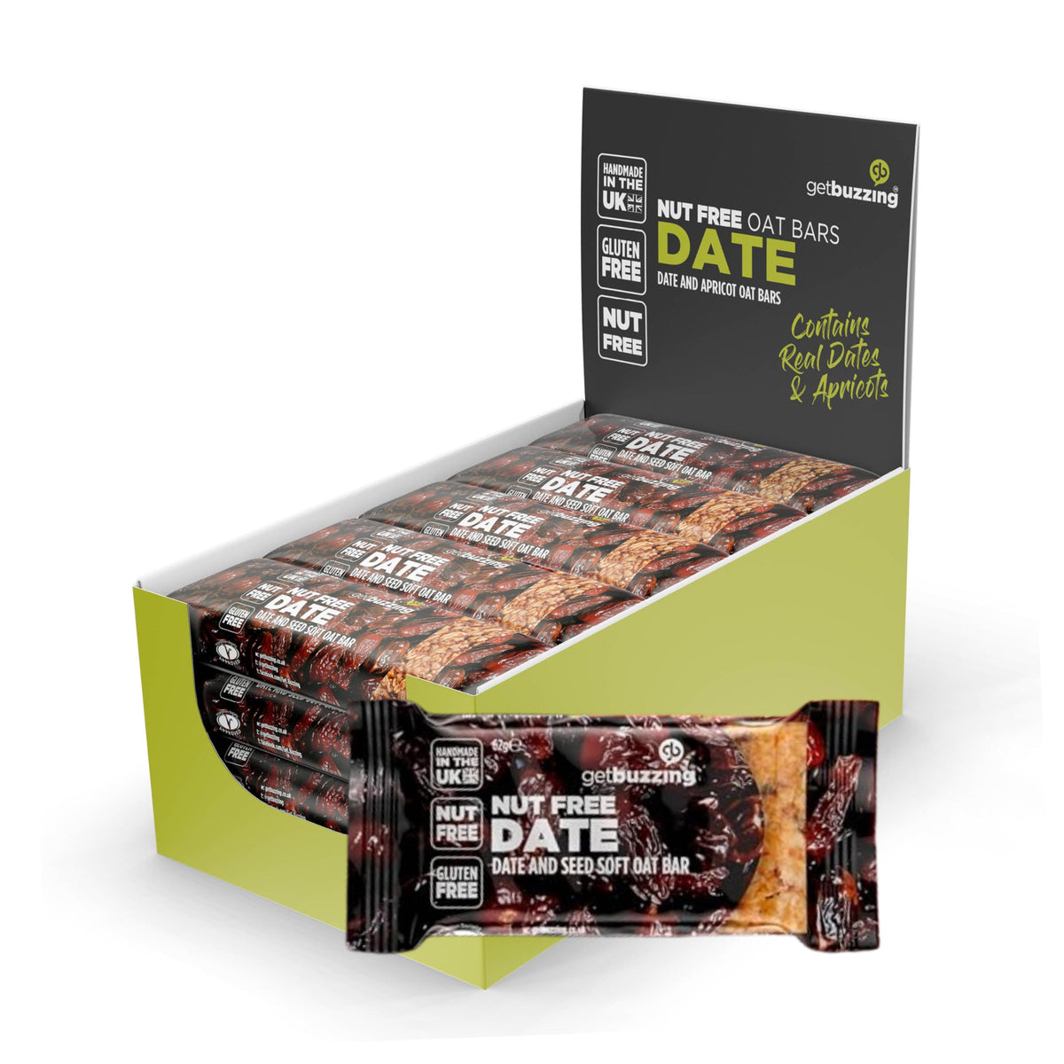 Getbuzzing Nut Free Oat Flapjack Healthy Snack & Energy Bars - Running,Gym, Cycling - Breakfast Snack - Made in The UK - Date & Seed Pack of 20 x 62g