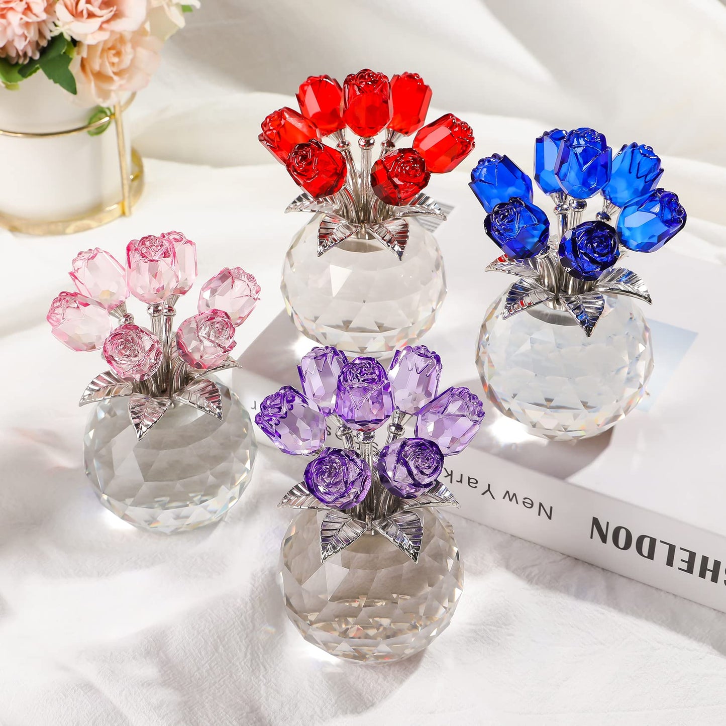 Crystal Blue Rose Bouquet Figurines Gifts for Her on Sapphire Anniversary, Romantic Presents for Women on Valentine's Day Mother's Day Birthday