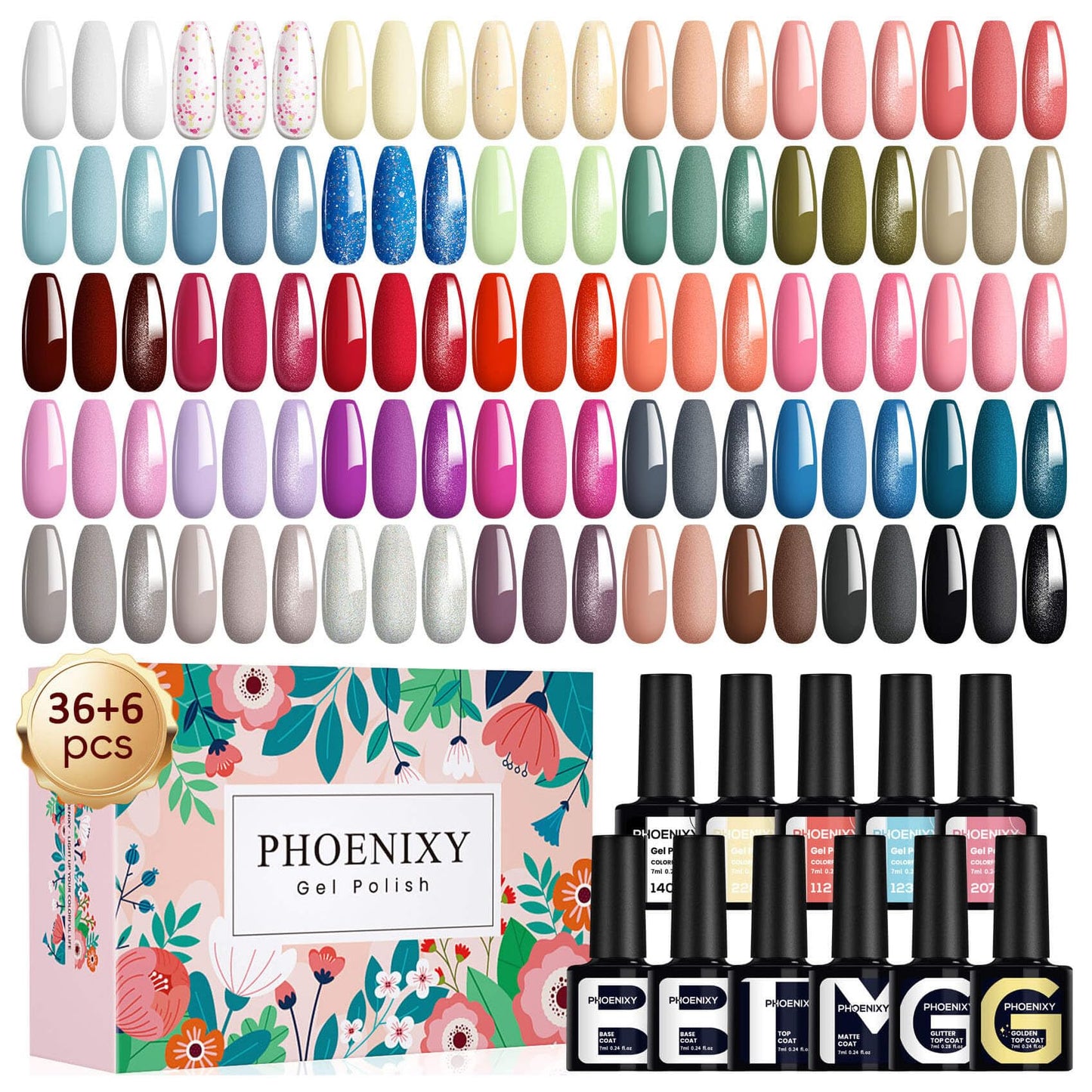 Gel Nail Polish Set, Phoenixy 36 Colours UV Gel Nail Polish Nail Varnish with Base Top Matte Coat Nail Polish Sets Manicure Gift for Women