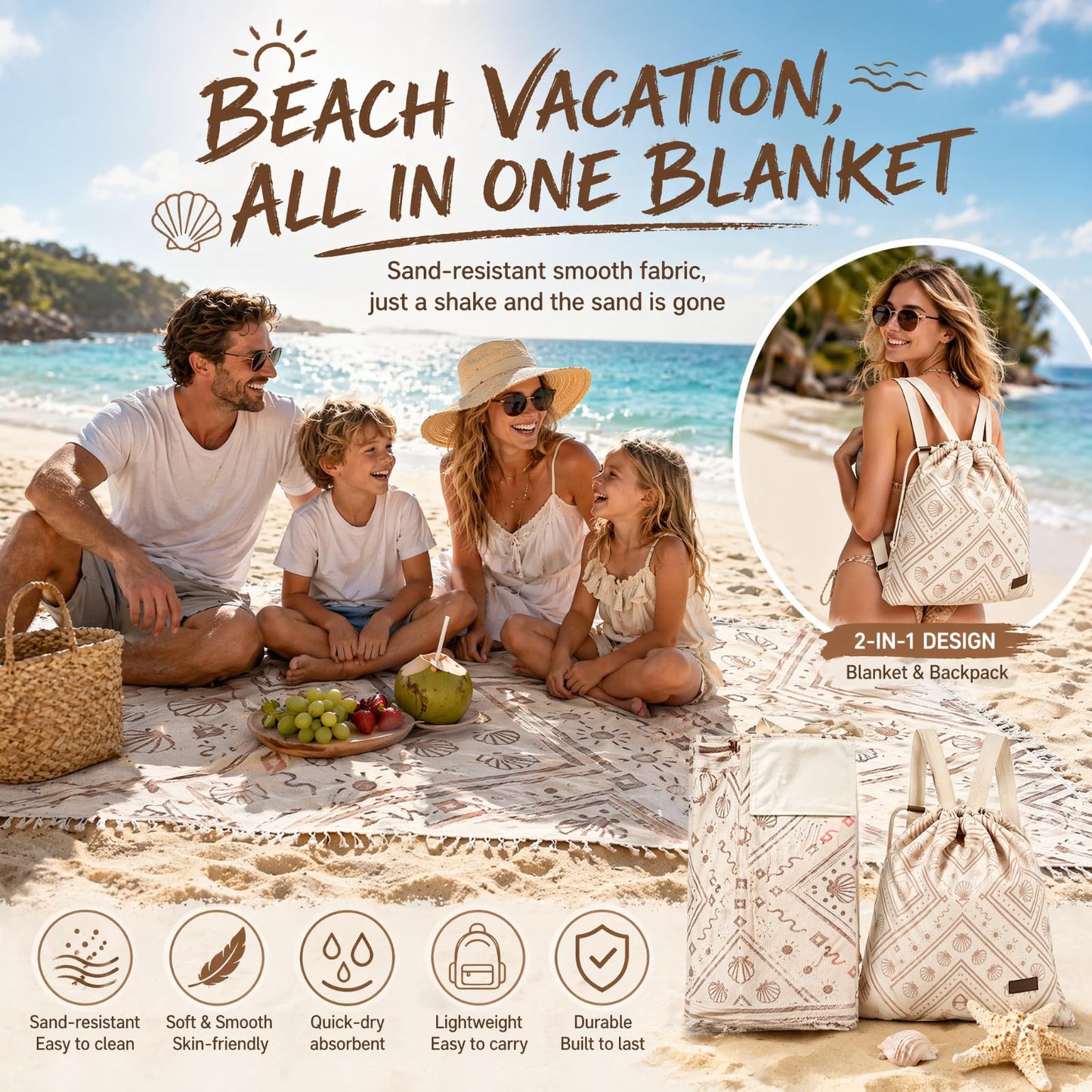 Ruichi 2 in 1 Beach Towel Bag, Convertible Drawstring Beach Towel Backpack