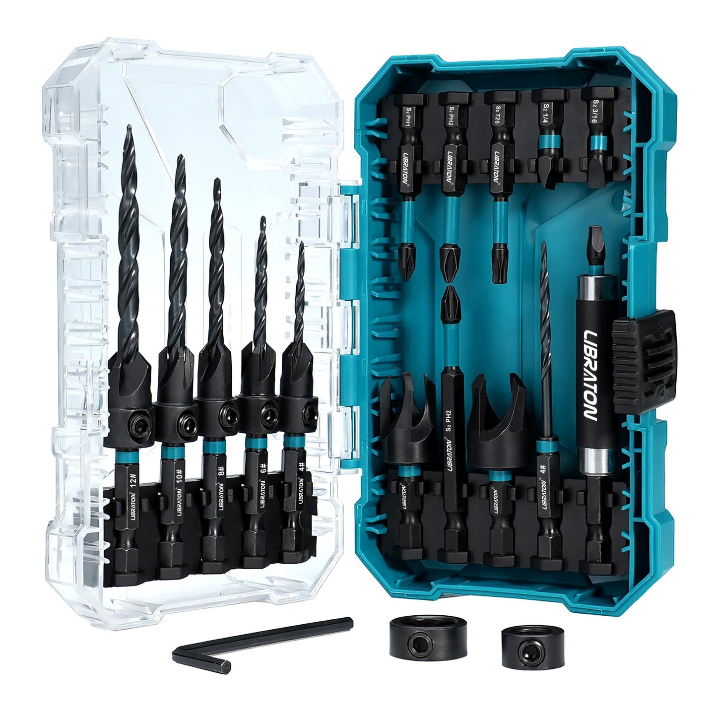 Libraton Countersink Drill Bit Set, 19 Pcs Tapered Drill Bits for Woodworking, Counter Sink Drill Bit Wood Plug Cutter Extendable Bit Holder 1/4" Hex