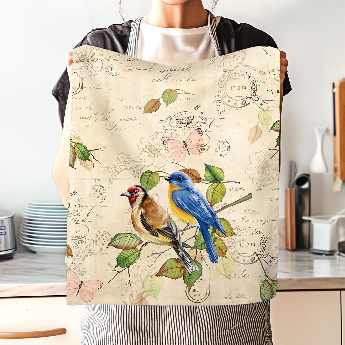 Arquiel Retro Birds Tea Towels, 100% Cotton Kitchen Towels, Set of 4