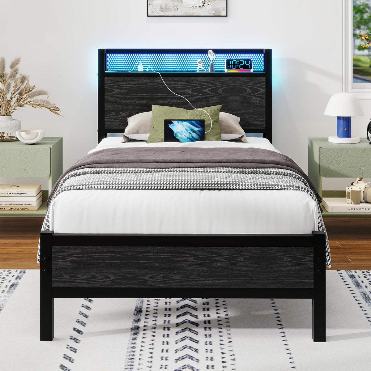 Diahomy 3ft Single Bed Frame with LED Lights/Charging Station,Single Beds Platform Bed Frame with Storage Headboard,/Mattress Foundation/Metal Slat