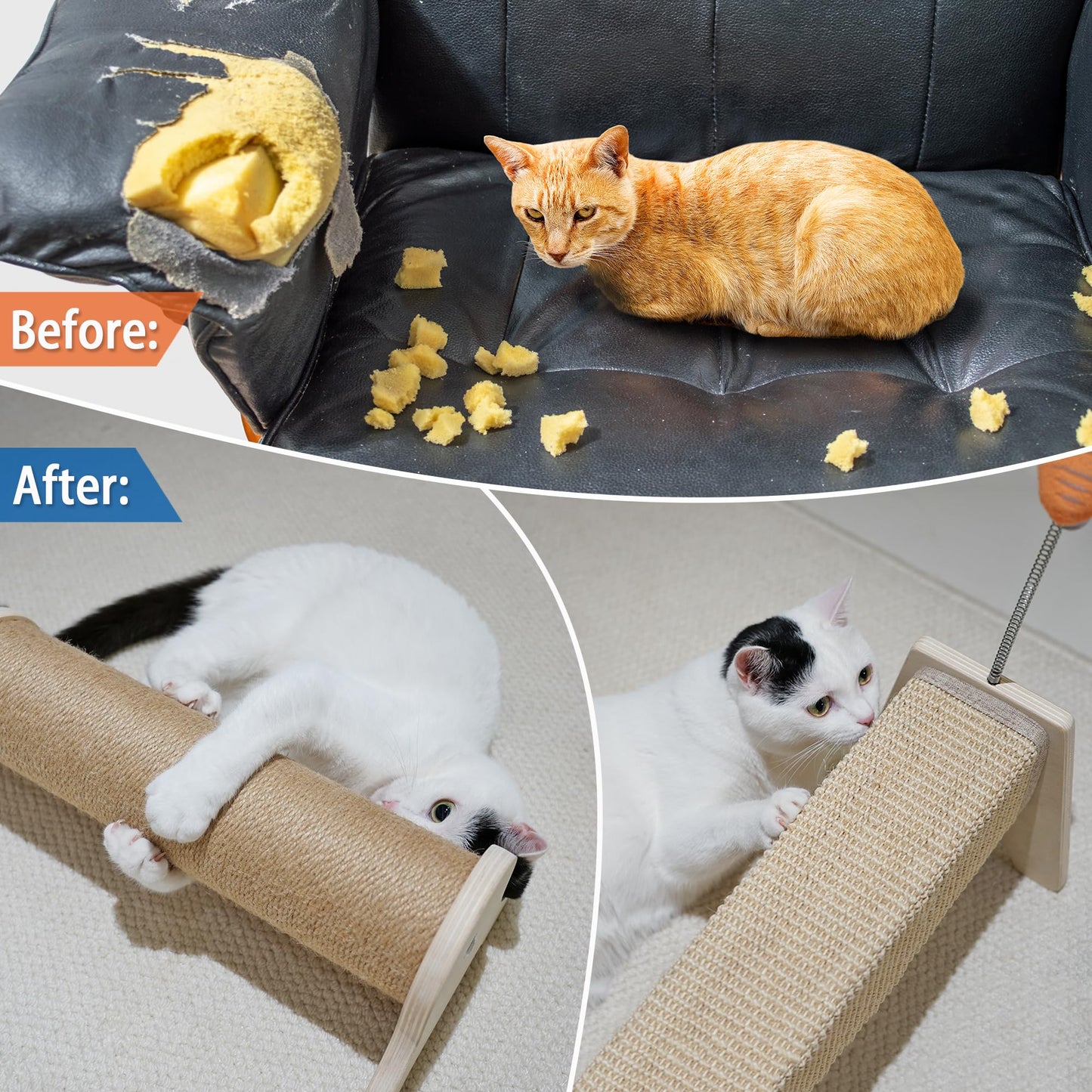 PETKARAY Horizontal Scratching Post, 30" Sisal Cat Scratch Post, Large Cat Scratcher with Spring Toy, Protect Furniture for Indoor Kitten
