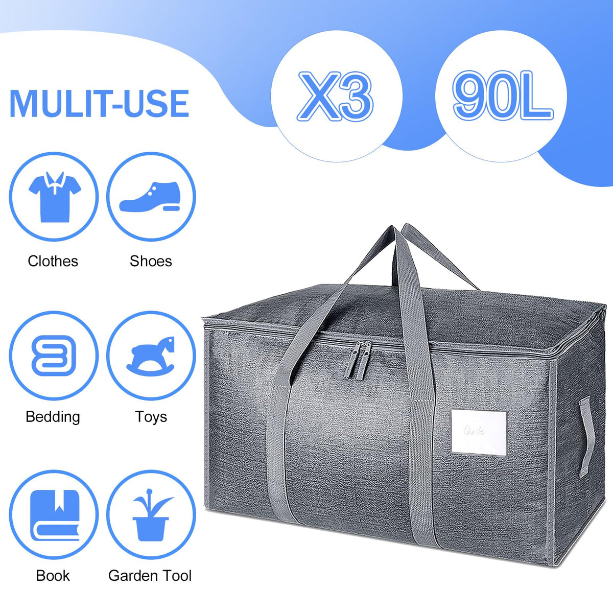 3 Pack 90L Moving Bags, Heavy Duty Storage Bags Dorm Moving Essential,Gray