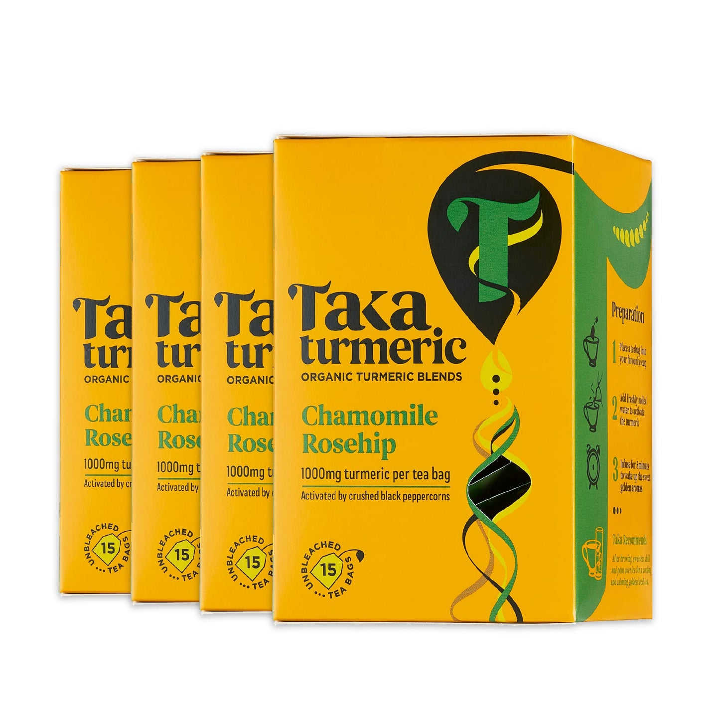 Taka Turmeric, 4 pack (60 Teabags) Organic Chamomile & Rosehip Tea Bags with Turmeric & Black Peppercorns, Turmeric Tea, Caffeine Free Camomile Tea,