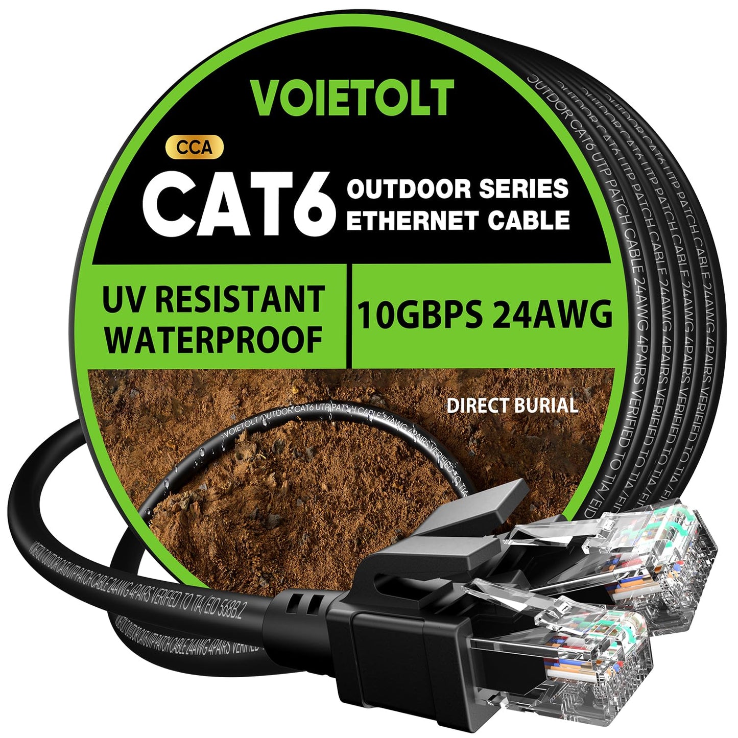 VOIETOLT Outdoor Cat 6 Ethernet Cable 25m, Water Resistant Direct Burial LLDPE UV Jacket - 24AWG 10Gbps High Speed Gigabit Internet Network Cable -