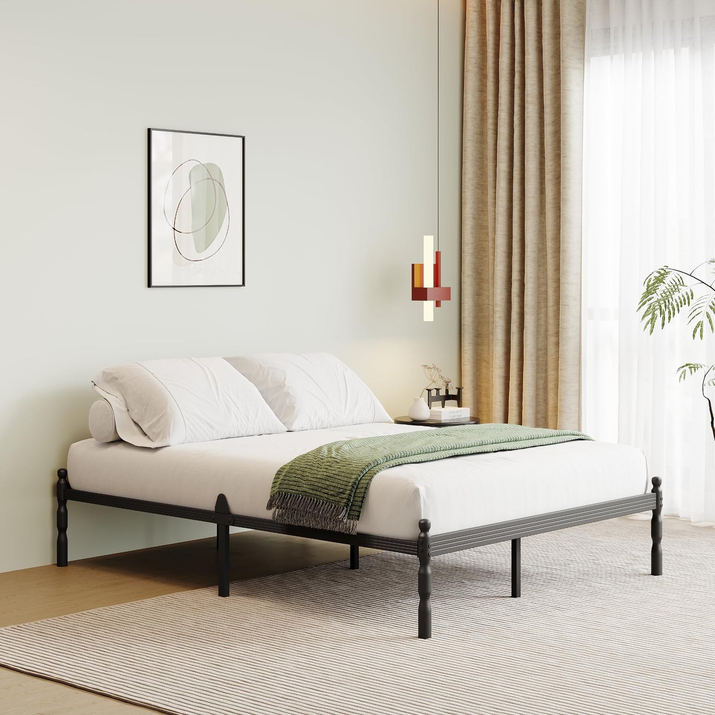 QFtime Metal Double Bed Frame with Underbed Storage and Steel Slat Support - Easy Assembly, Noise Free - 35.5cm High