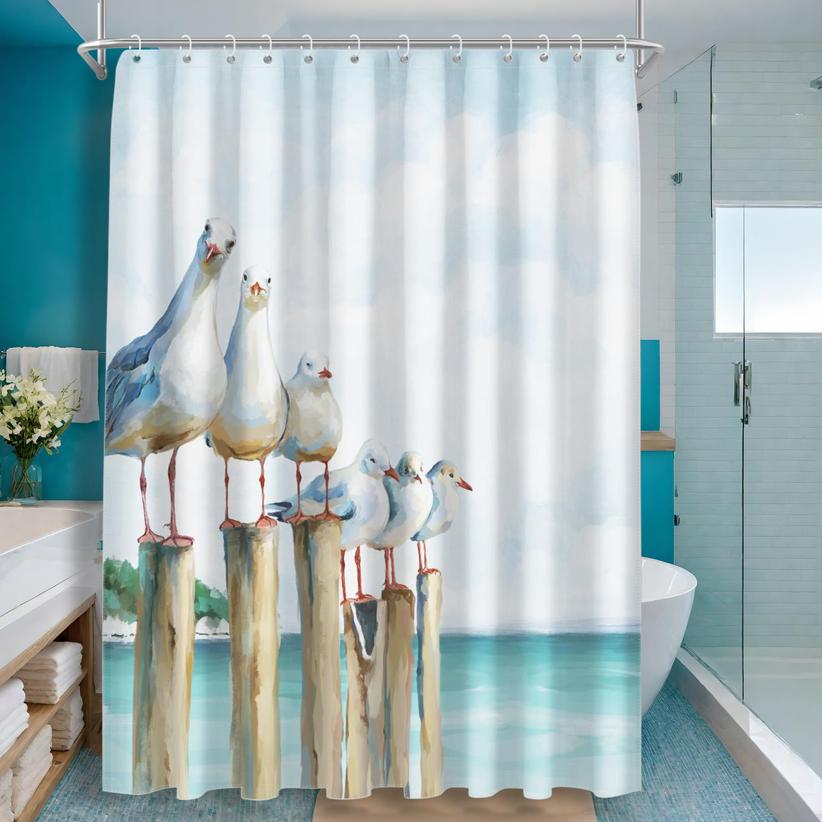 SUMGAR Shower Curtain 180 x 180 cm Lighthouse, Seagull Shower Blind, Ocean Shower Blind for Bathtub, Water-Repellent, Washable Polyester Bath Curtains