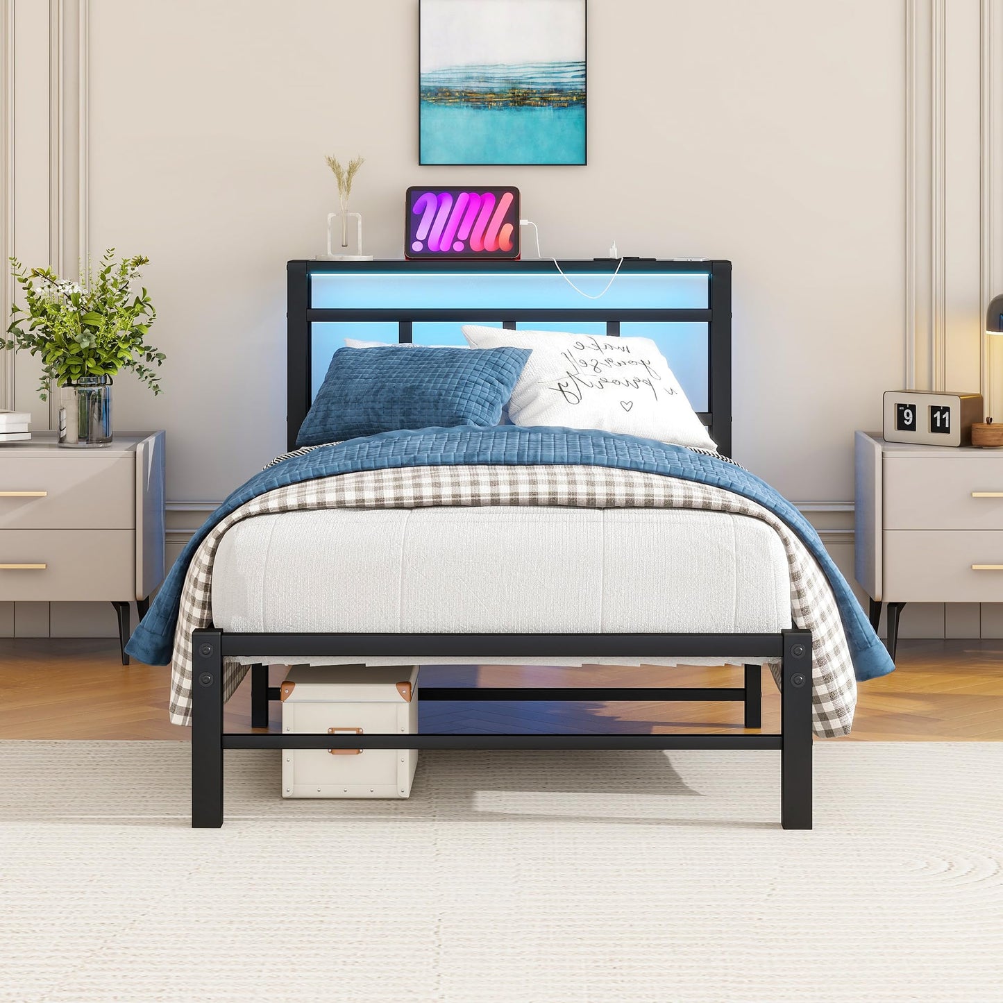 VECOCHO 3ft Single Bed Frame with Storage Headboard&LED Lights,Heavy Duty Metal Platform Bed Frame Single with Charging Station,Mattress Base Strong