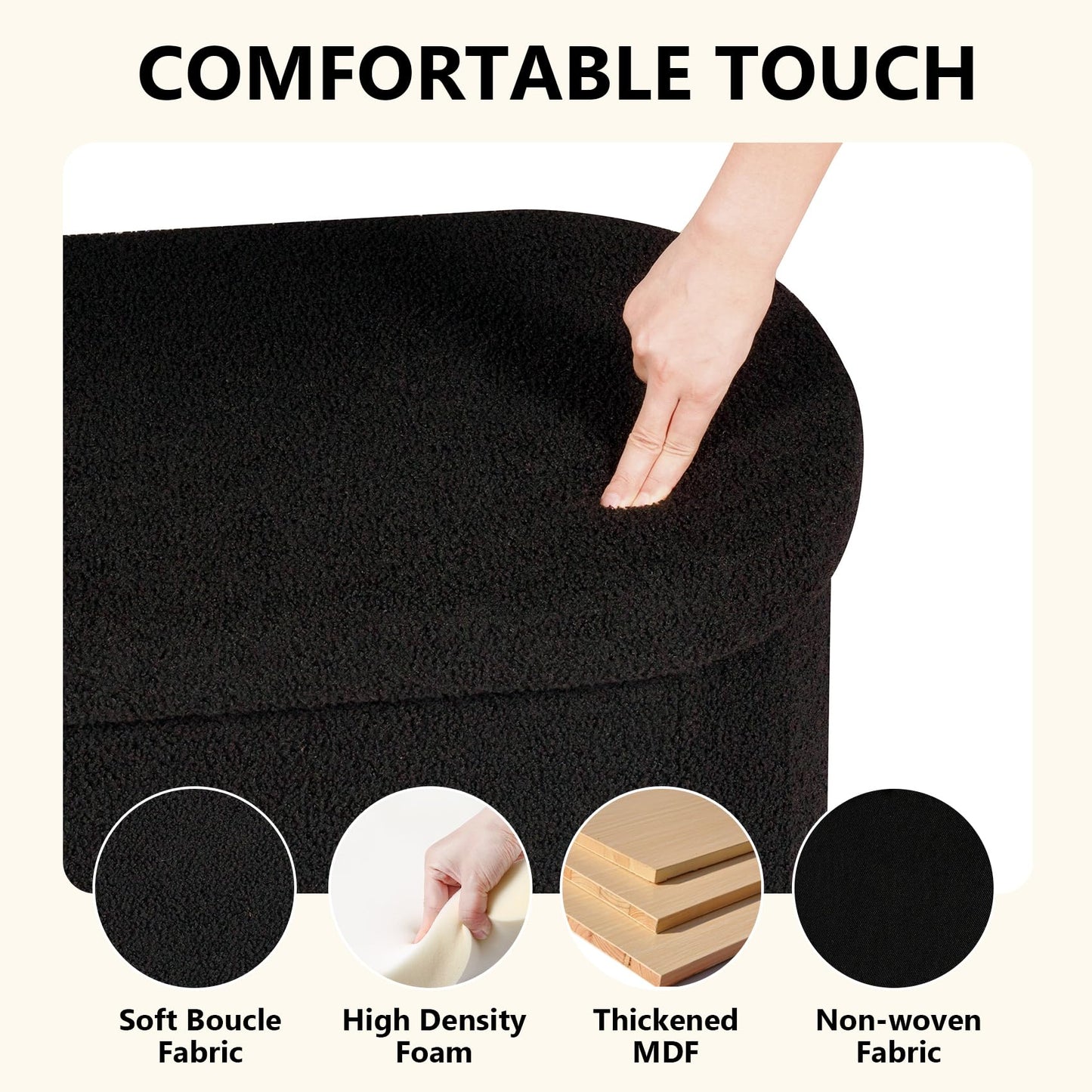 PINPLUS Oval Storage Bench Folding Ottoman Boucle Black, 76x38x38 cm