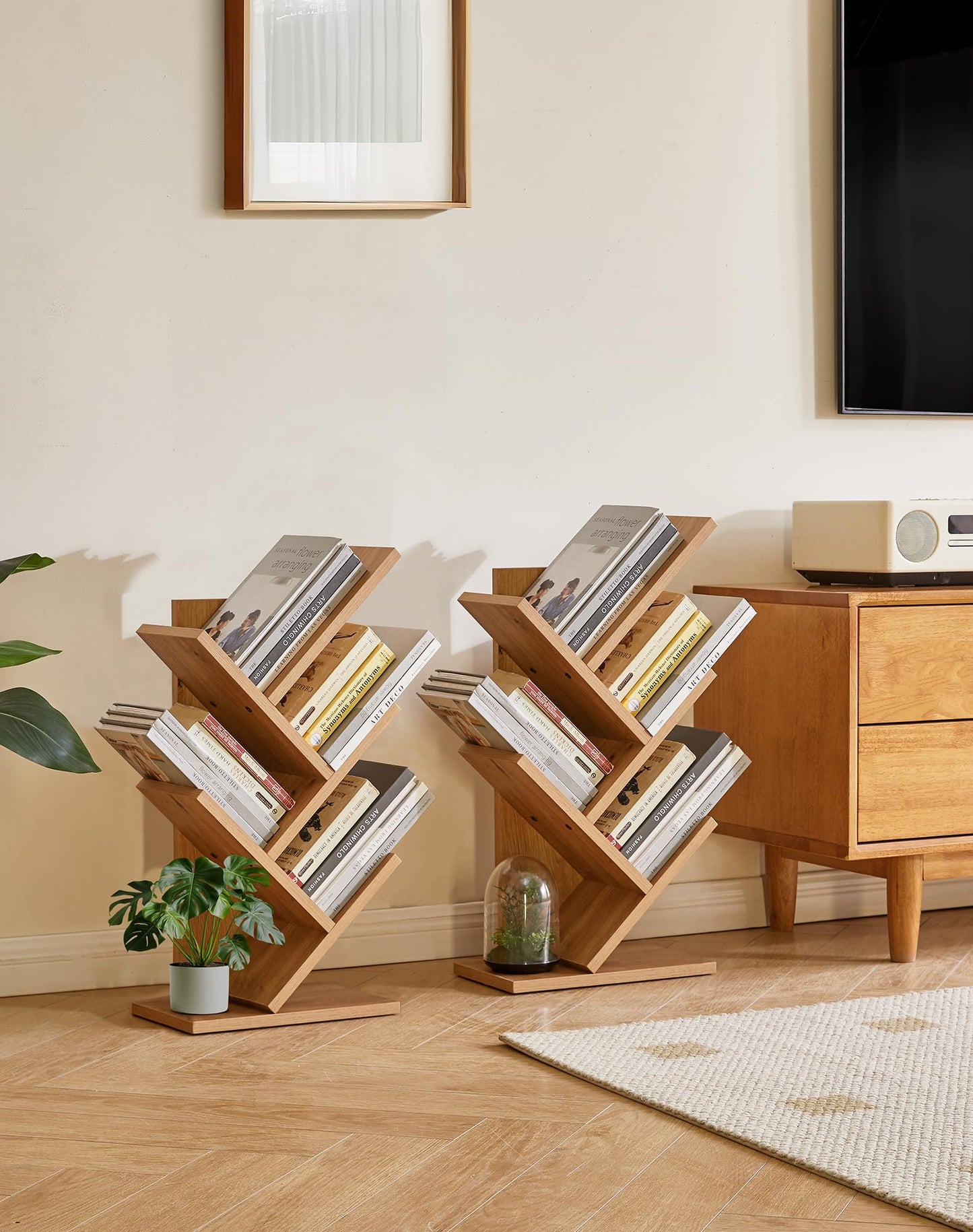 YMYNY 4 Tier Tree Bookshelf, Small Bookcase, Modern Wood Book Storage Rack, Freestanding Book Shelf for Books/Movies/CDs
