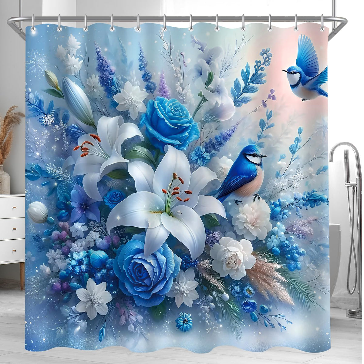 Lerores Shower Curtain, 180 x 200 cm, Blue Bird, Weighted Hem, Anti-Mould, Water-Repellent, Washable Polyester Bath Curtains with 12 Eyelets and