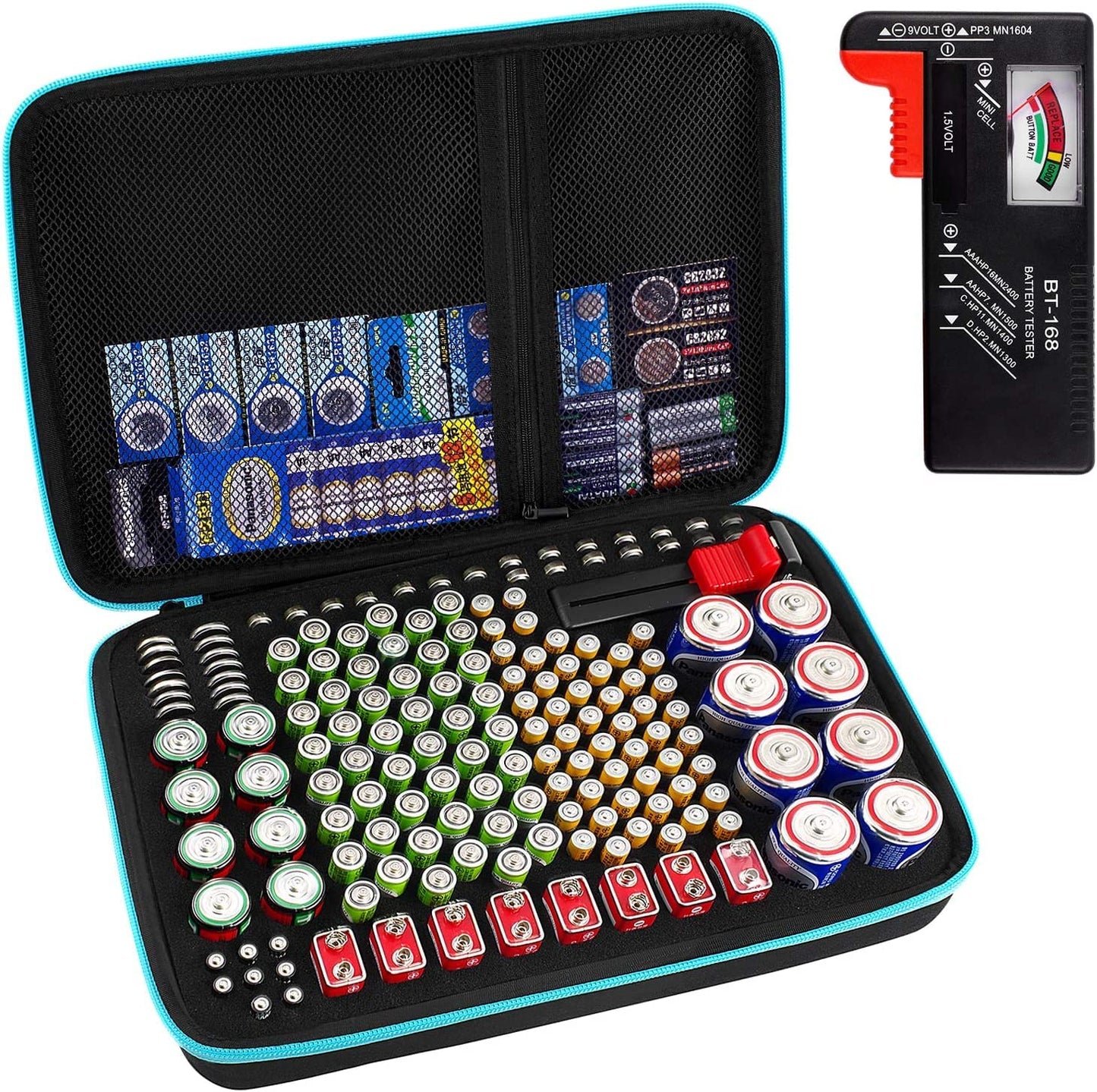 Battery Organiser Storage Box with Battery Tester (BT168), Case Bag Holder fits for 200+ Batteries AA AAA AAAA 9V C D Lithium 3V LR44 1.5V(Not