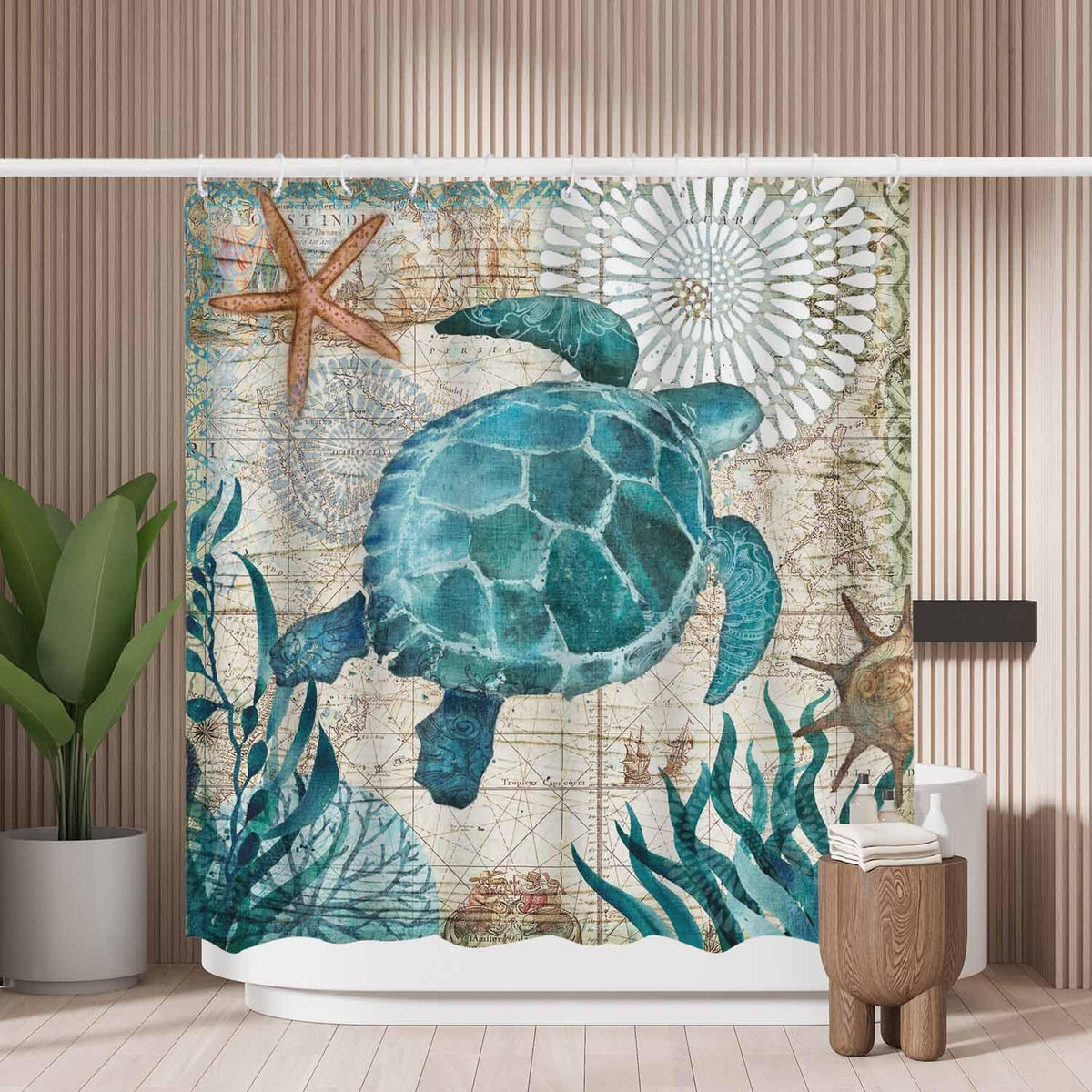 Woutay Shower Curtain Mould Proof Resistant Retro Sea Turtle Map,Water Repellant Fabric,Polyester,with 12 Plastic Hooks
