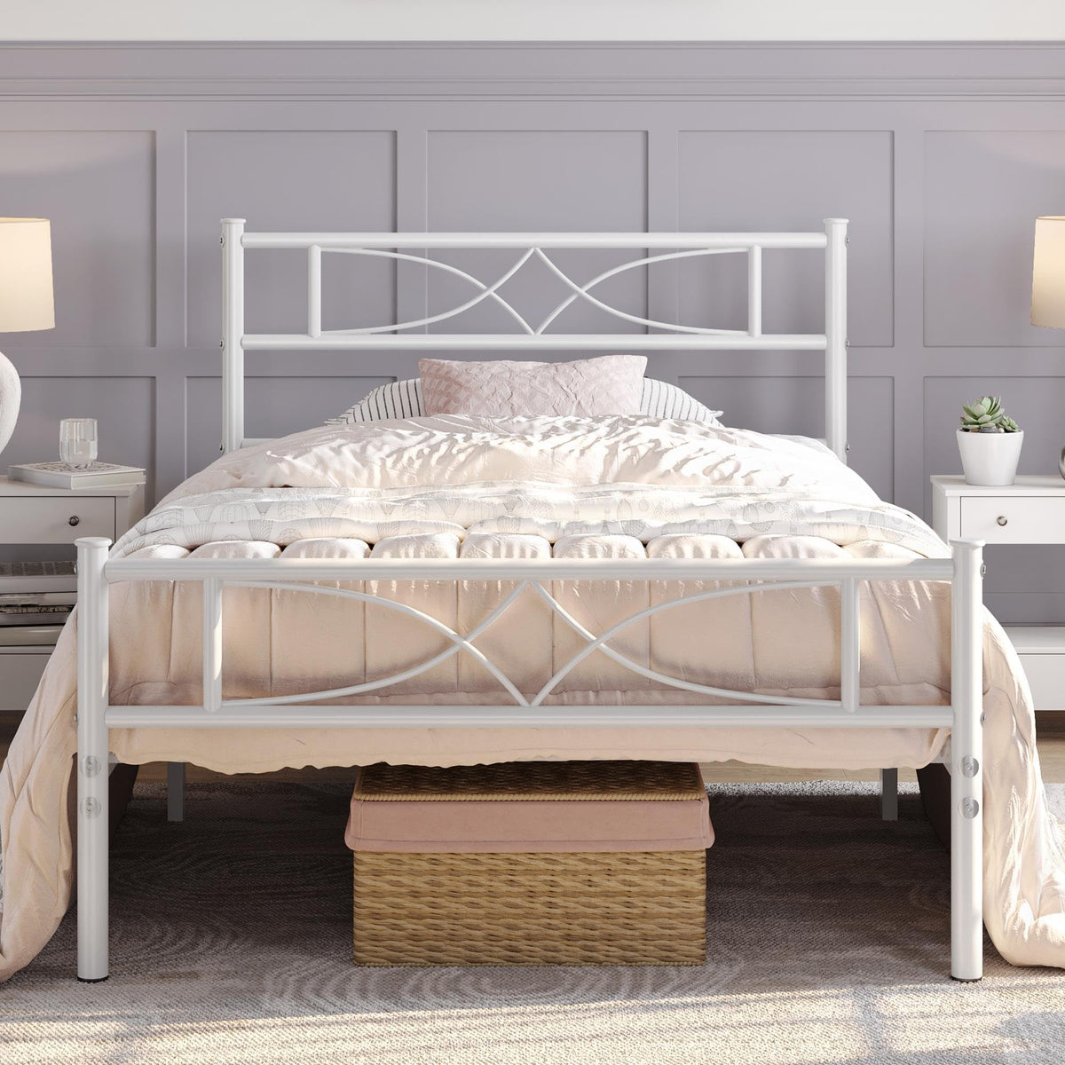 Yaheetech 3ft Single Bed Frames Metal Slatted Bed Platform with Curved Design Headboard and Footboard, Under-bed Storage, No Box Spring Needed, 12