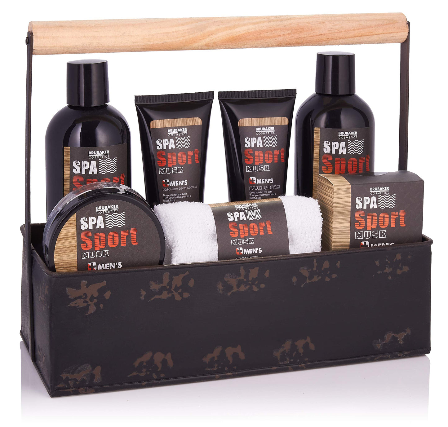 BRUBAKER Cosmetics Men's 8 Pcs. Spa Sport Musk Body Wash & Skincare Set with Wash Cloth in Vintage Toolbox