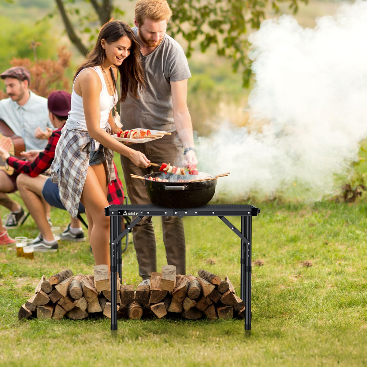 Anbte Folding Grill Table, 3 Adjustable Heights Aluminum Camping Table with Heat-Resistant Mesh Desktop, Lightweight outdoor Table, Portable Handle