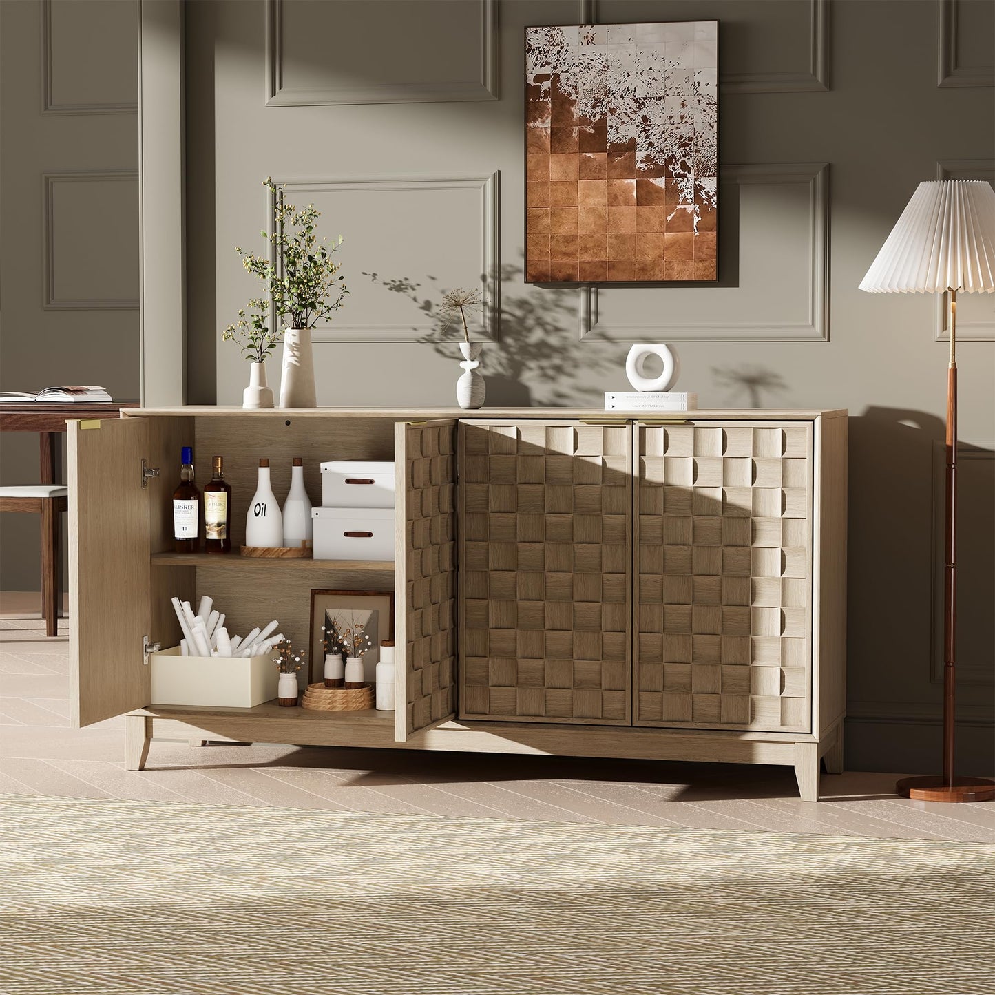 COLAMY Sideboard Cabinet, Wooden Sideboard Cabinet with 4 Doors, Textured Design, Adjustable Shelves, Soft Close Hinges