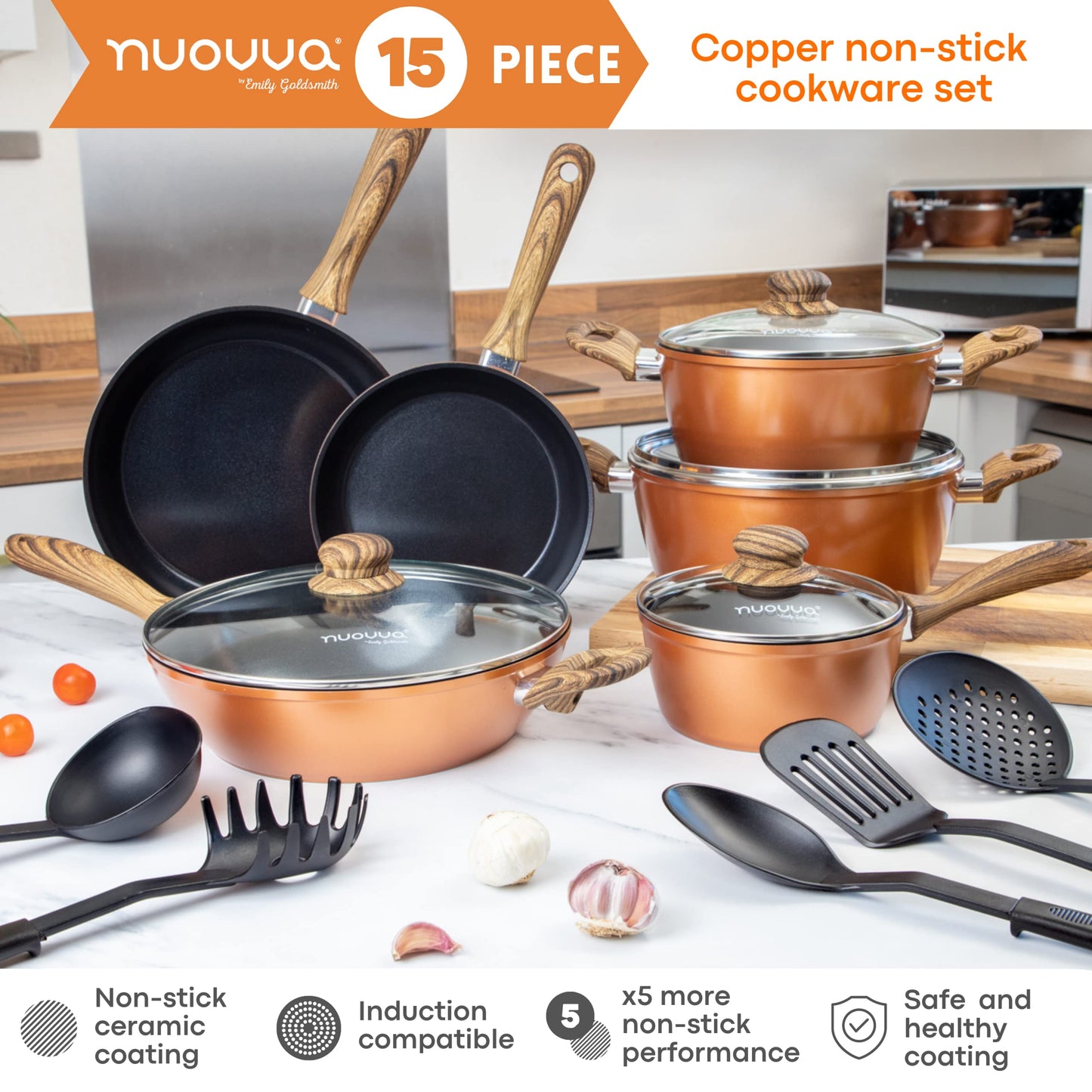 Non Stick Pots and Pans Set Induction Hob Pots Set 15pcs Kitchen Cookware with Lids Cooking Copper Saucepan Pots by Nuovva