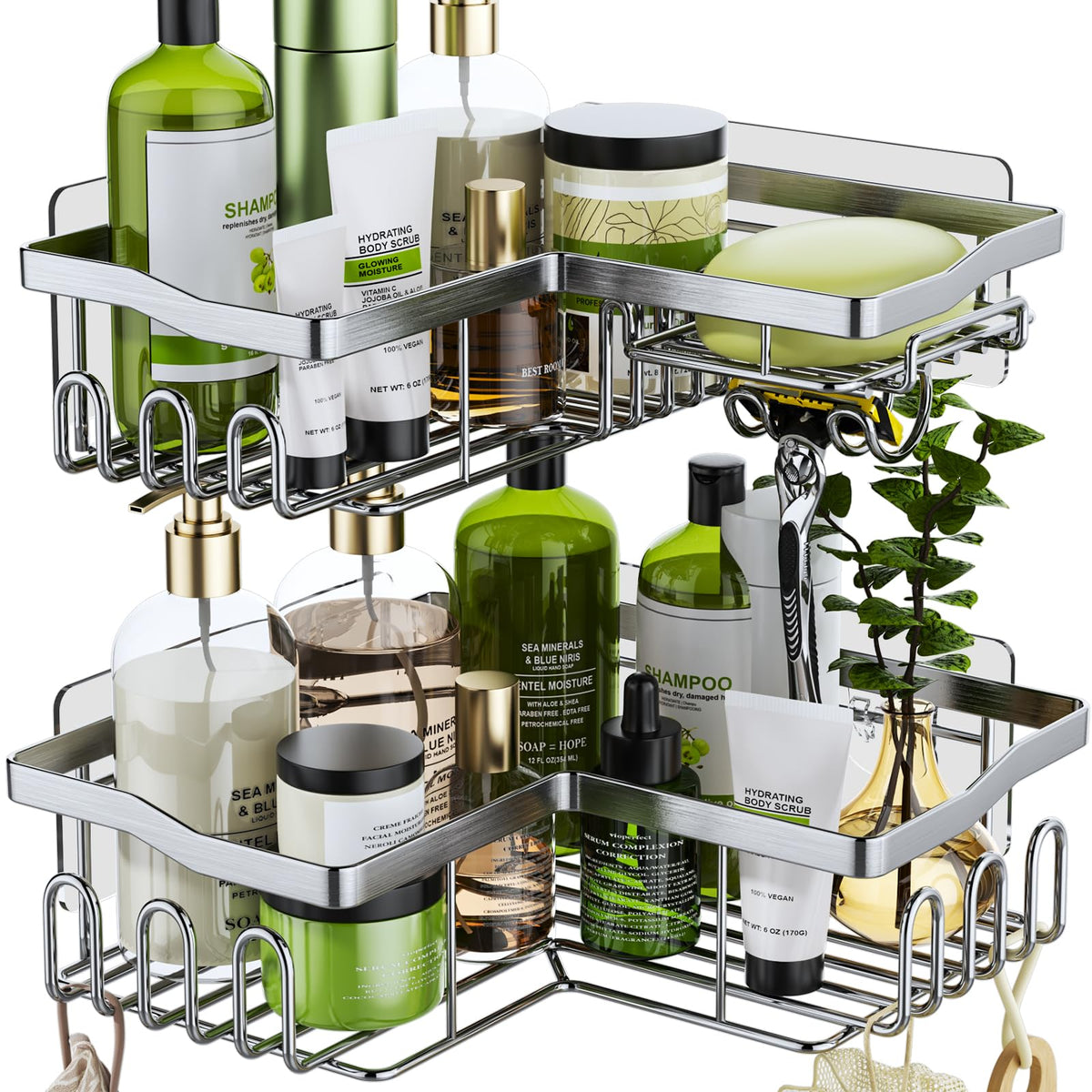 HapiRm Corner Shower Caddy Silver - Shower Caddy Corner Shelves with 11 Hooks, Shower Organiser for Razor soap & shampoo, Bathroom & Kitchen Storage