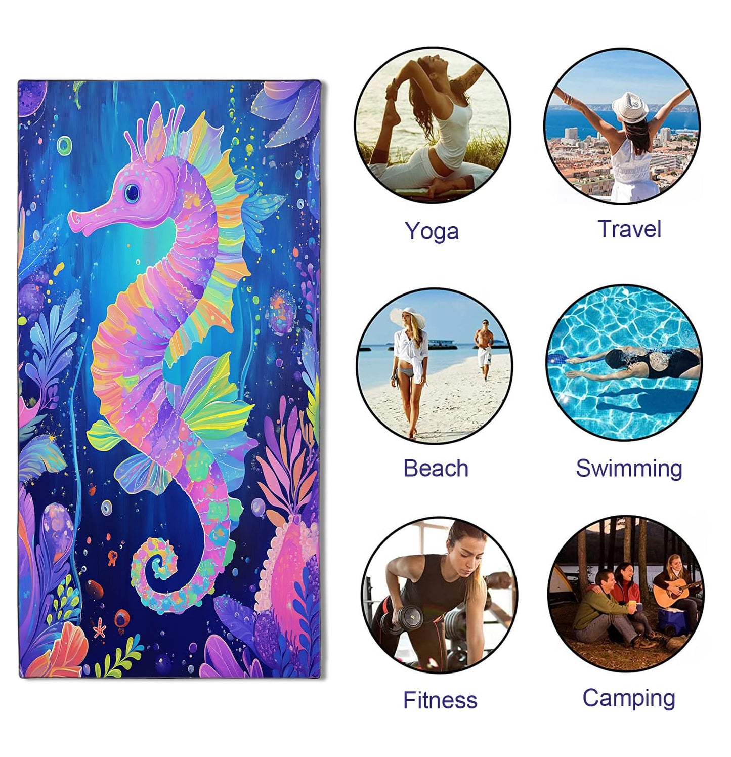 YISUMEI Purple Seahorse Beach Towels for Adults Extra Large 180 x 90 cm, Microfibre Lightweight Quick Dry Towel for Swimming Pool Cruise Travel