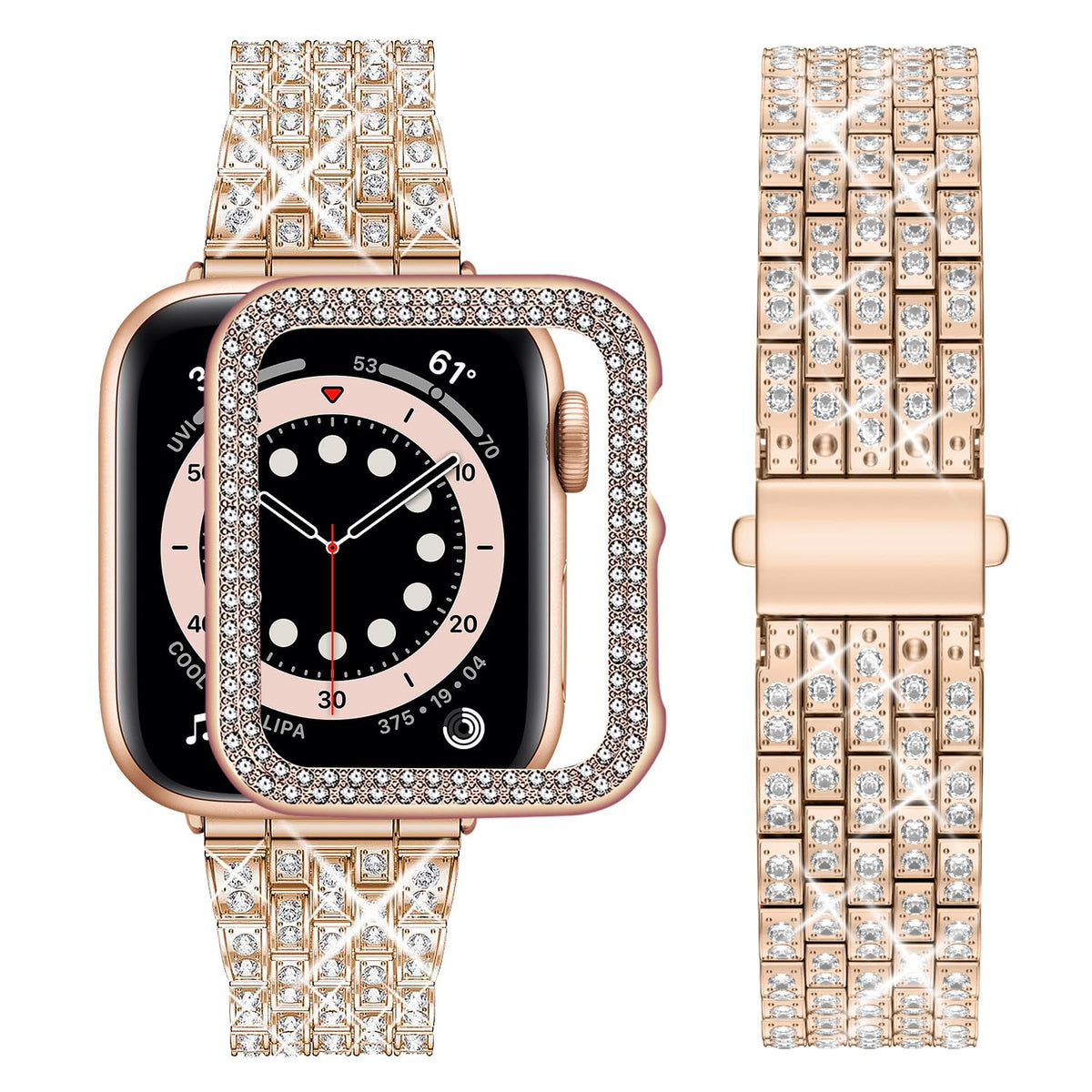 wutwuk Compatible Bling Apple Watch Straps 40mm with Bling Case, Rose Gold Sparkling Metal Woman iWatch Replacement, Diamond Rhinestone Wristband for