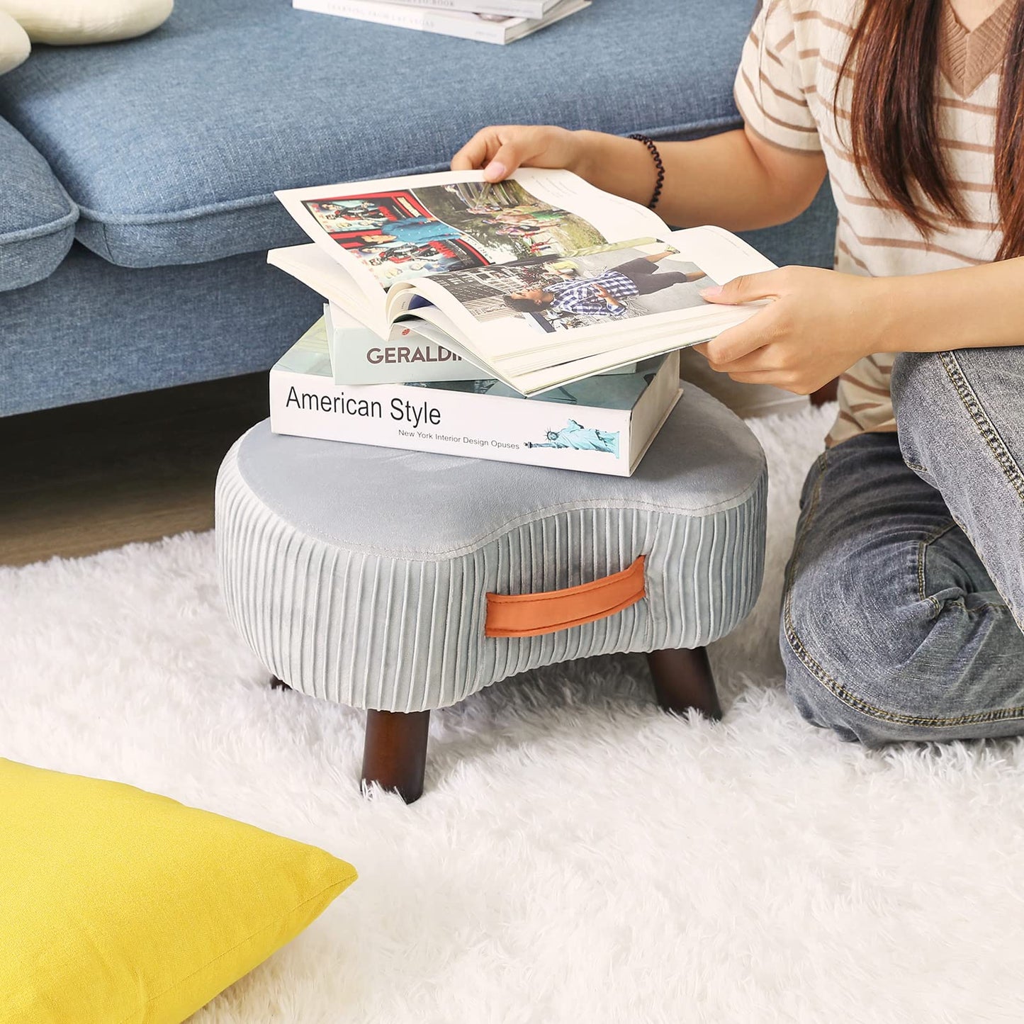 YMYNY Footstool, Wooden Pouf Ottoman, Small Curved Footstool with Handle, Sofa Stool with Soft Seat Cushion, for Bedroom, Living Room