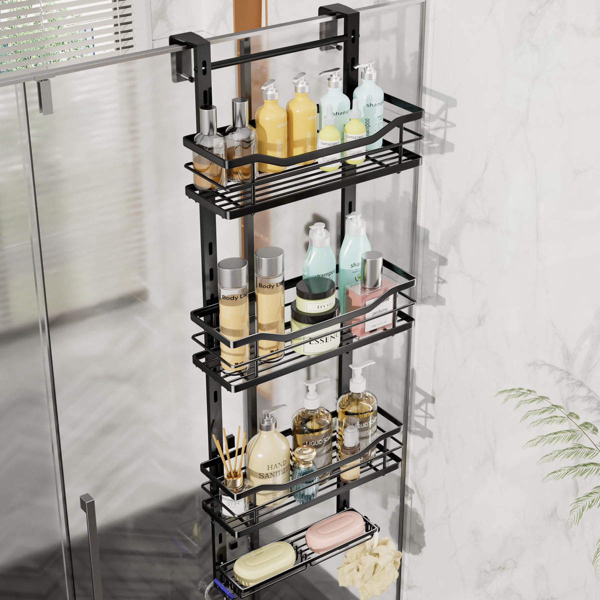 SWTYMIKI Over the Door Shower Caddy - 4 Tier Adjustable Shower Organiser Hanging with Hooks and Soap Holder, No Drilling Rust Proof Bathroom Hanging