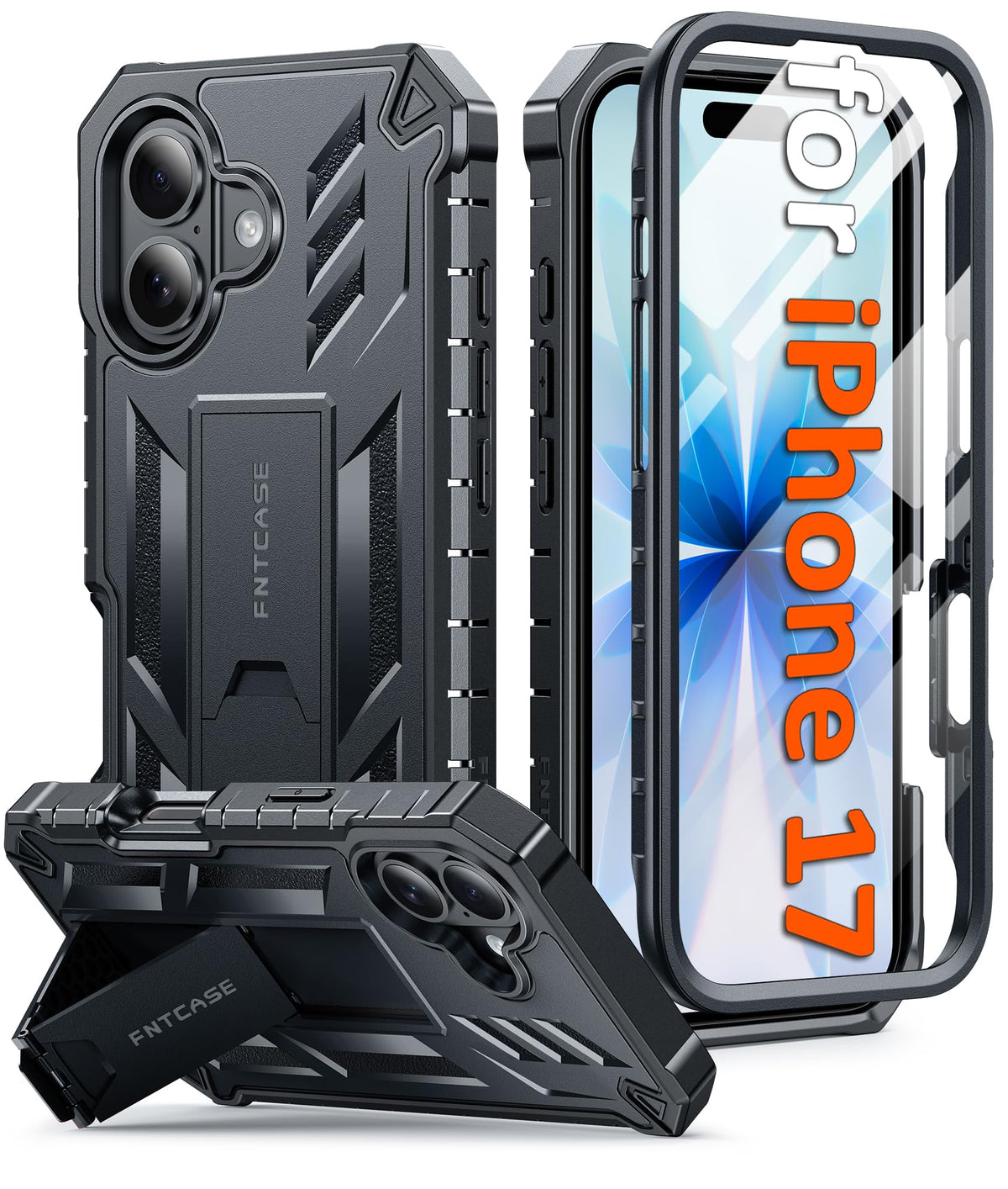 FNTCASE for iPhone 17 Phone Case: Military Grade Drop Proof Protection Mobile Cover with Kickstand | Matte Textured Rugged Shockproof TPU | Protective
