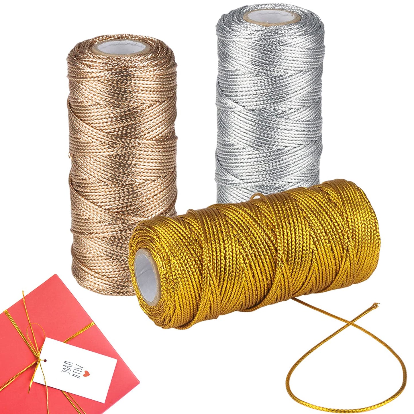 ZDNT 3 Rolls Gold Twine String Metallic String Gold Cord Metallic Tinsel Cord Thread for 100 m Thread Cord 1.5 mm Wide for Gift Wrap Decoration Crafts