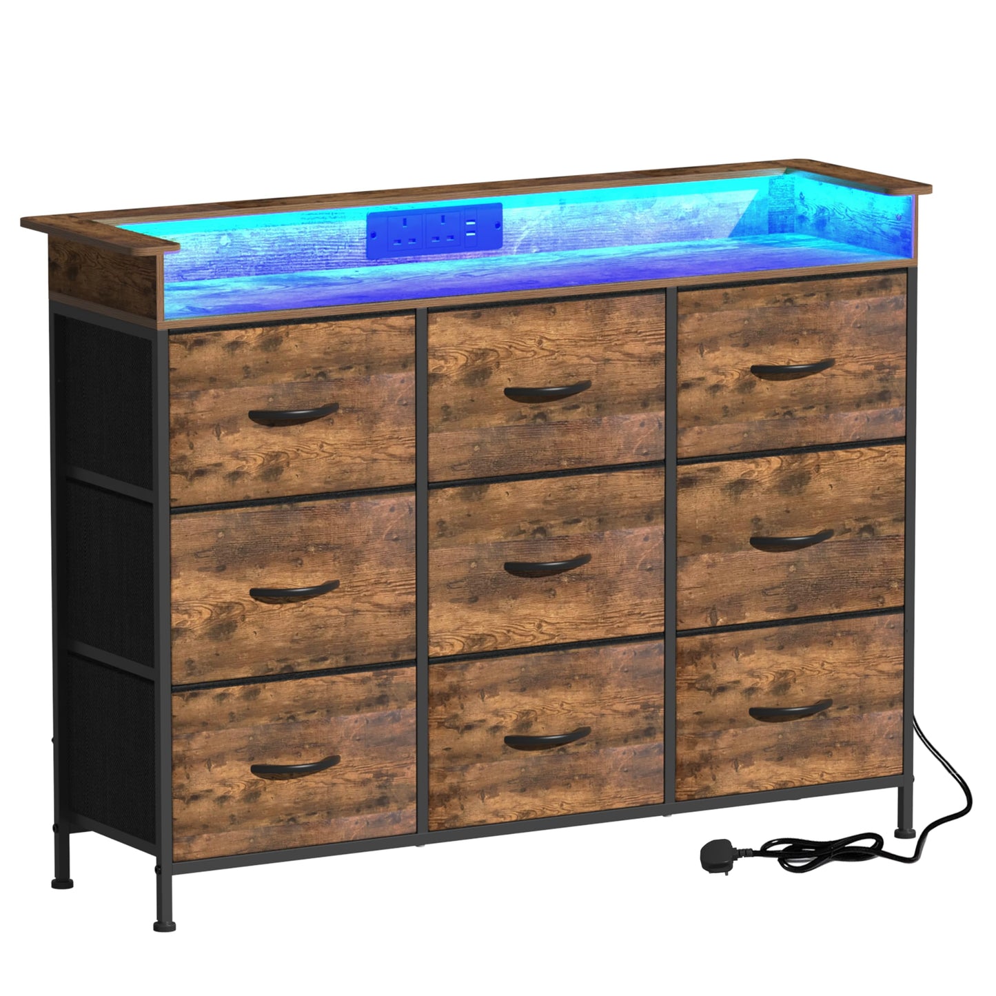 VEDECASA Chest of Drawers for Bedroom with LED Light 9 Drawer Clothes Dresser with Charging Station for Living Room Entryway Closet Sturdy Steel Frame