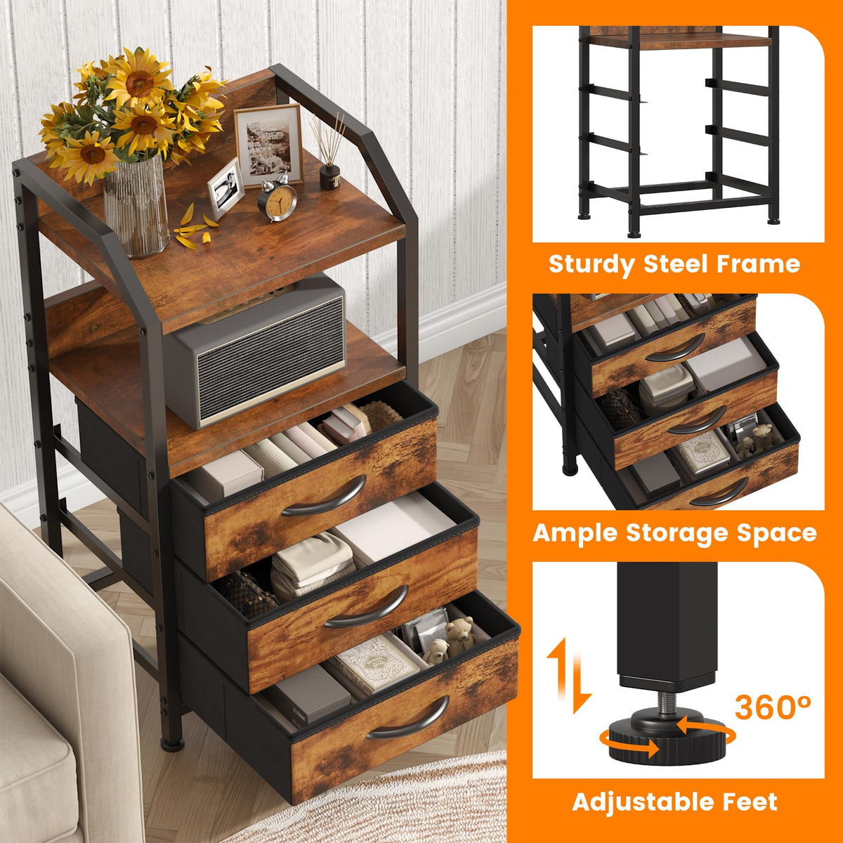 Feonase Bedside Table with 3 Fabric Drawers & Open Shelf, Nightstand for Bedroom, Living Room, Small Spaces – Metal Frame & Wooden Top