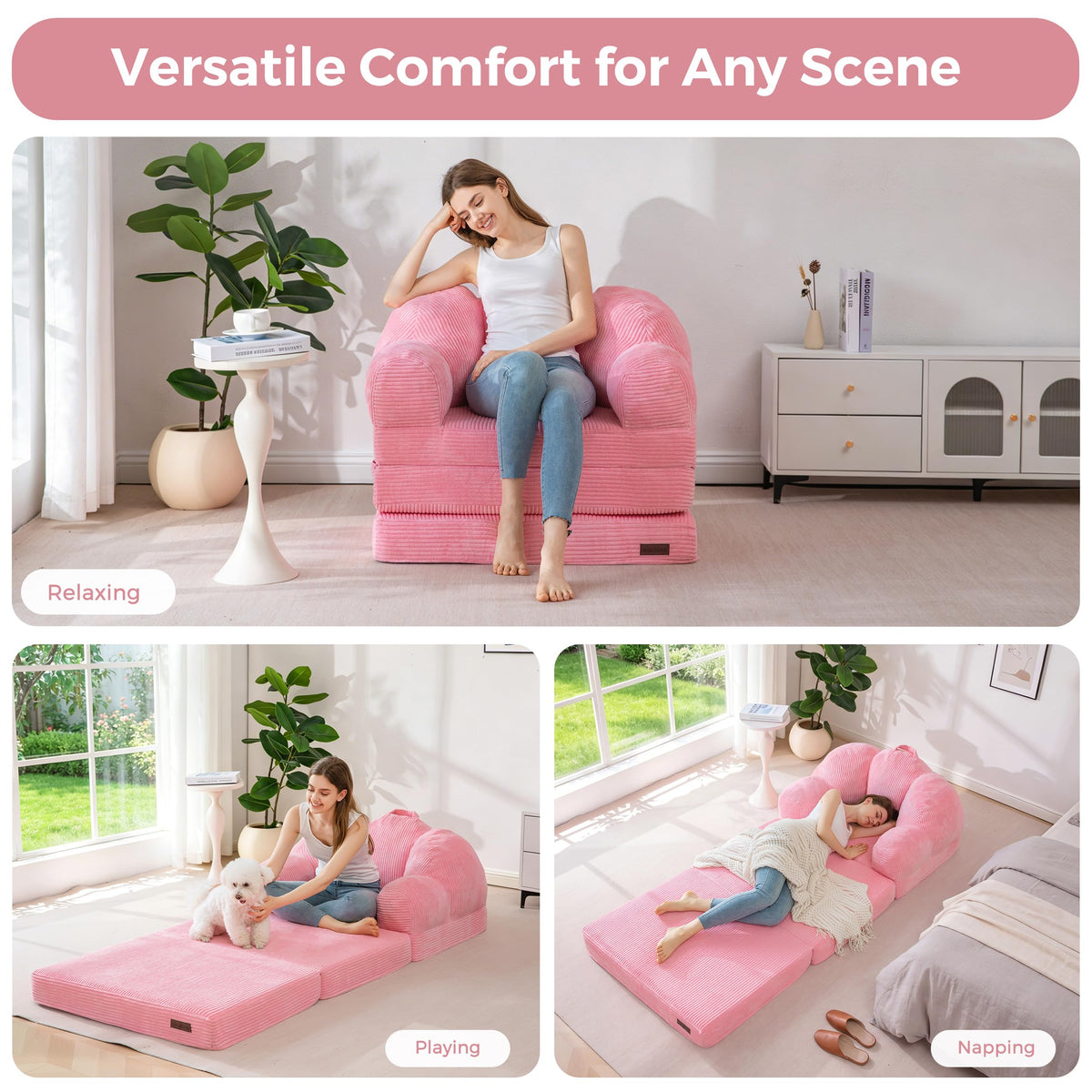 MAXYOYO Folding Sofa Bed with Backrest, Floral Shaped 2 in 1 Convertible Sofa to Comfy Faux Fur Bean Bag Chair for Adults