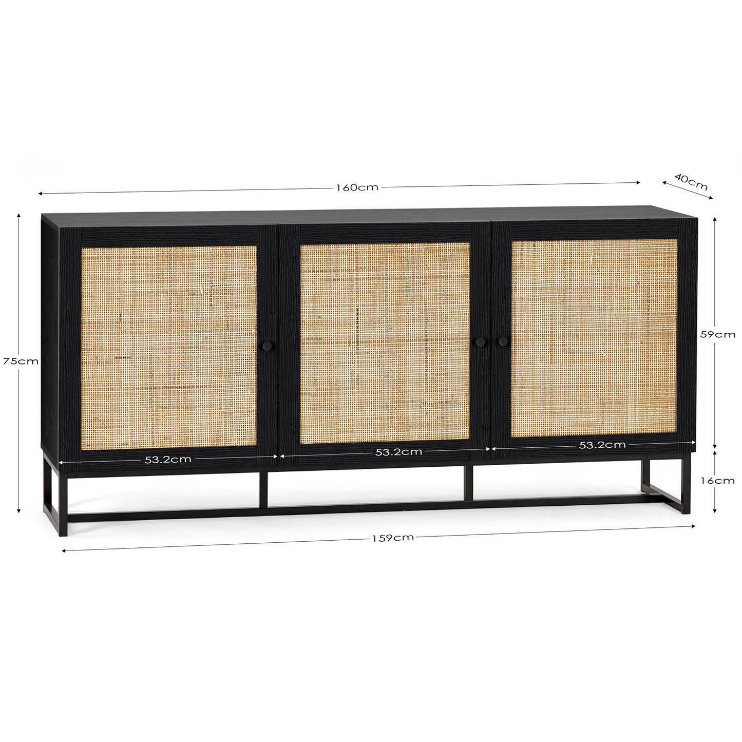 Julian Bowen Padstow Sideboard, Rattan Doors, Black - H75 x W160 x D40cm