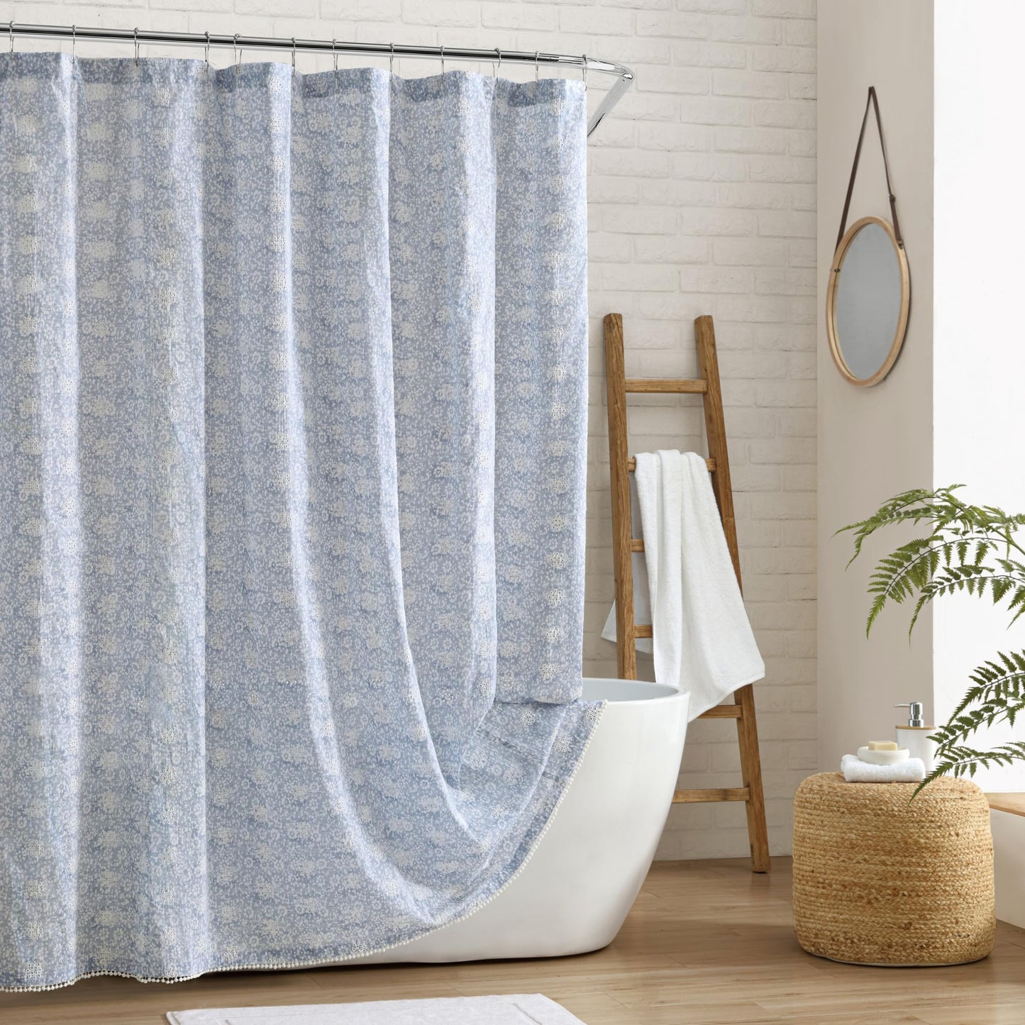 Peri Home 100% Cotton Fabric Shower Curtain for Bathroom, 72 x 72 inches, Blue Ikat Eyelet