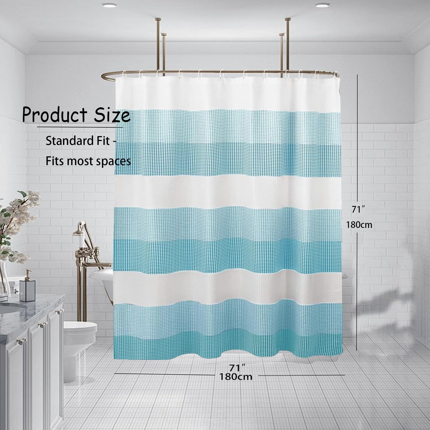 maifey Shower Curtain for Bathroom, Waffle Fabric Heavy Duty Waterproof Wet Room Blue Shower Curtains Heavy Duty Bath anti-fouling with 12 Hooks 180