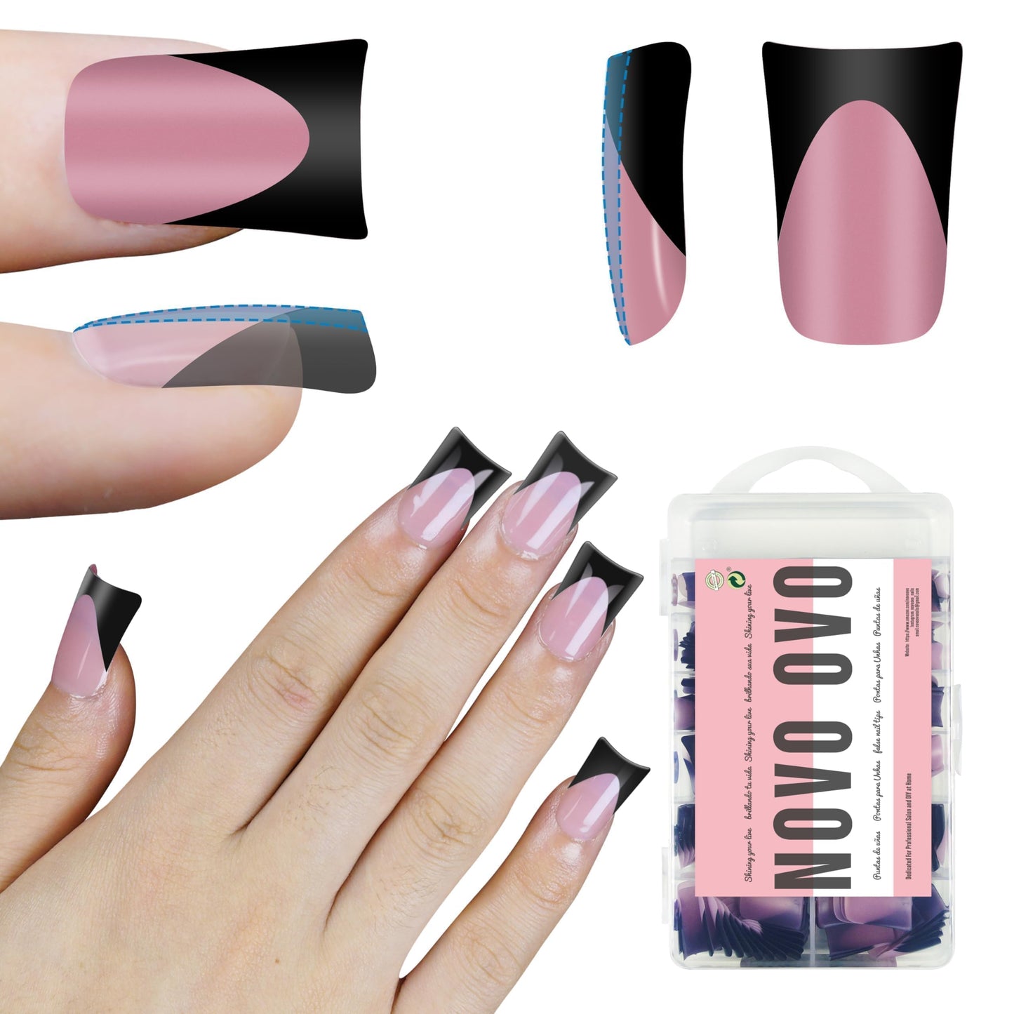 NOVO OVO Halloween Black French Tip Short Duck Nail Tips Press on, BERRY PINK Pre-designed Soft Gel Nail Extension, Extra thick Full Cover Matte Vrial