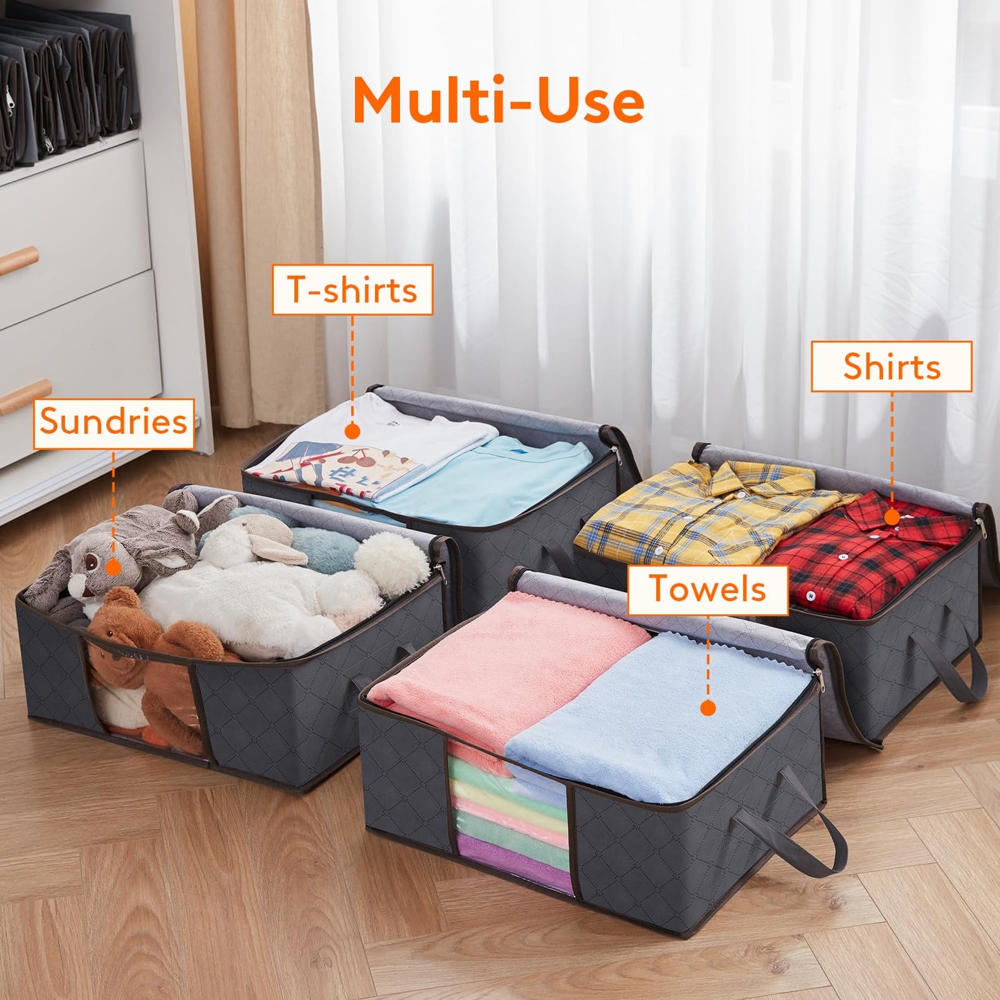 Lifewit 4 Pack Clothes Storage Bag Foldable Storage Boxes with Lids Underbed Wardrobe Storage Organiser with Sturdy Fabric Clear Window for Clothing