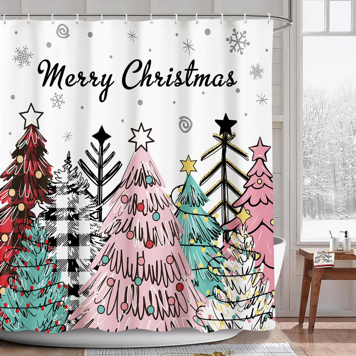 AIBIIN Merry Christmas Shower Curtain Winter Colorful Buffalo Check Plaid Xmas Shower Curtain for Bathroom New Year Holiday Waterproof Fabric Machine